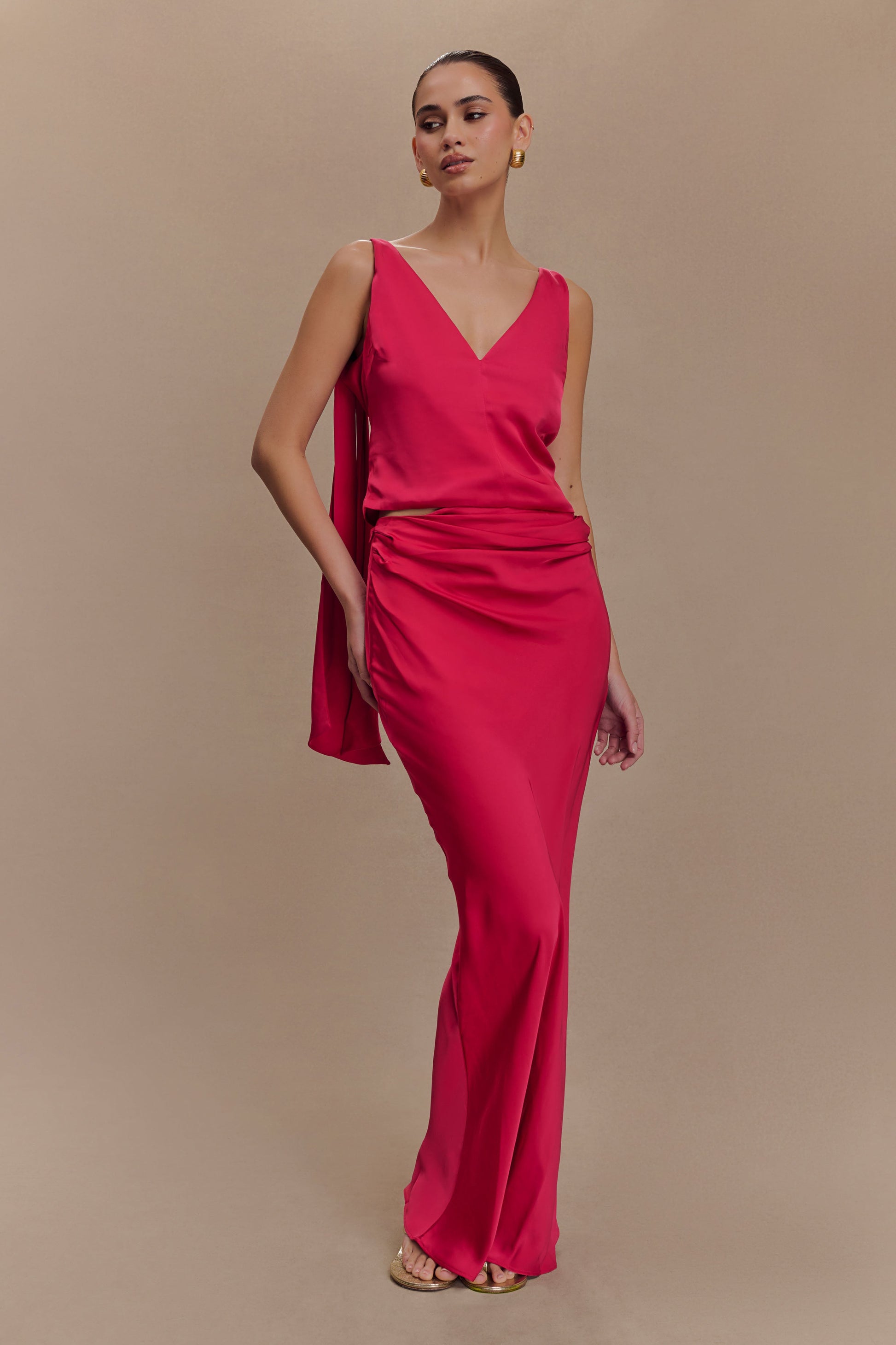 Nicola Satin Asymmetric Maxi Skirt - Pink Cherry #3