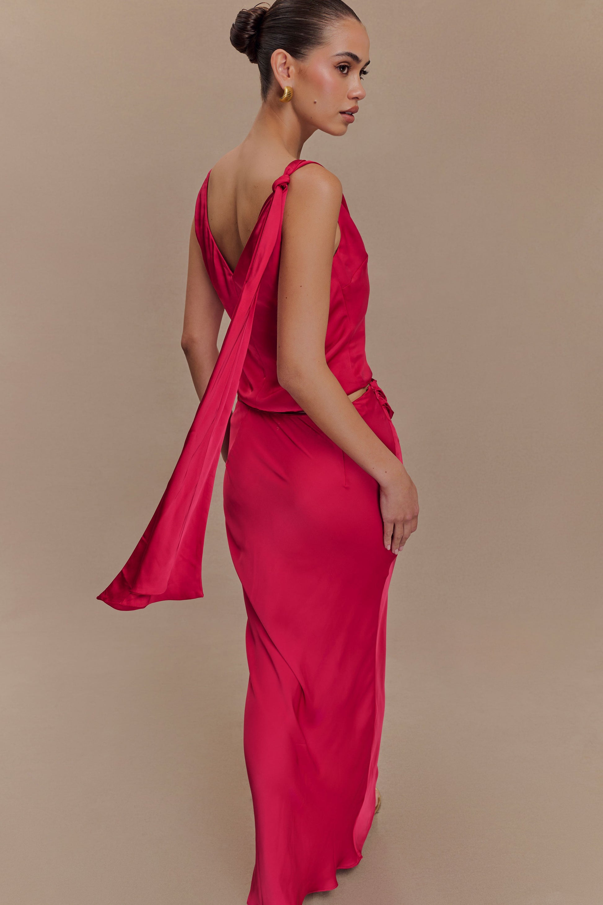 Nicola Satin Asymmetric Maxi Skirt - Pink Cherry #2
