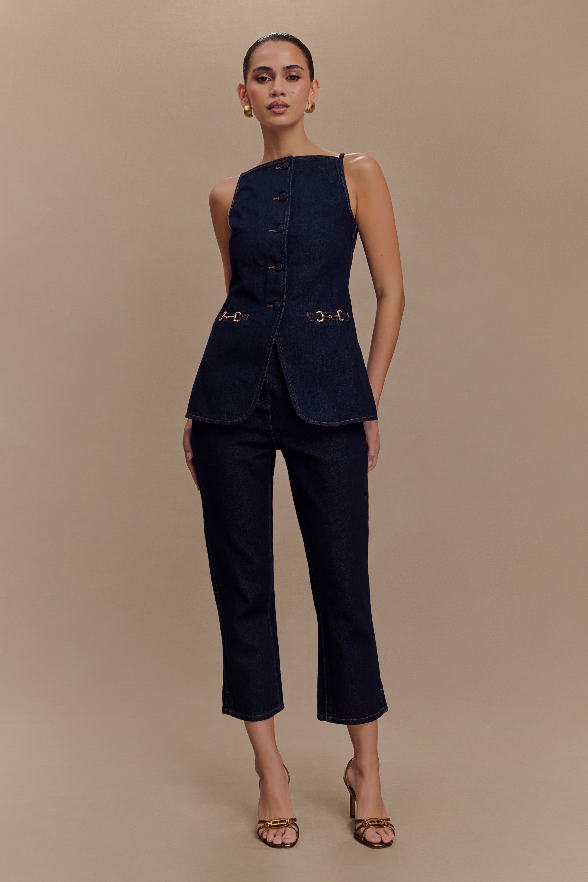 Ashton Sleeveless Button Denim Top - Indigo Blue #6