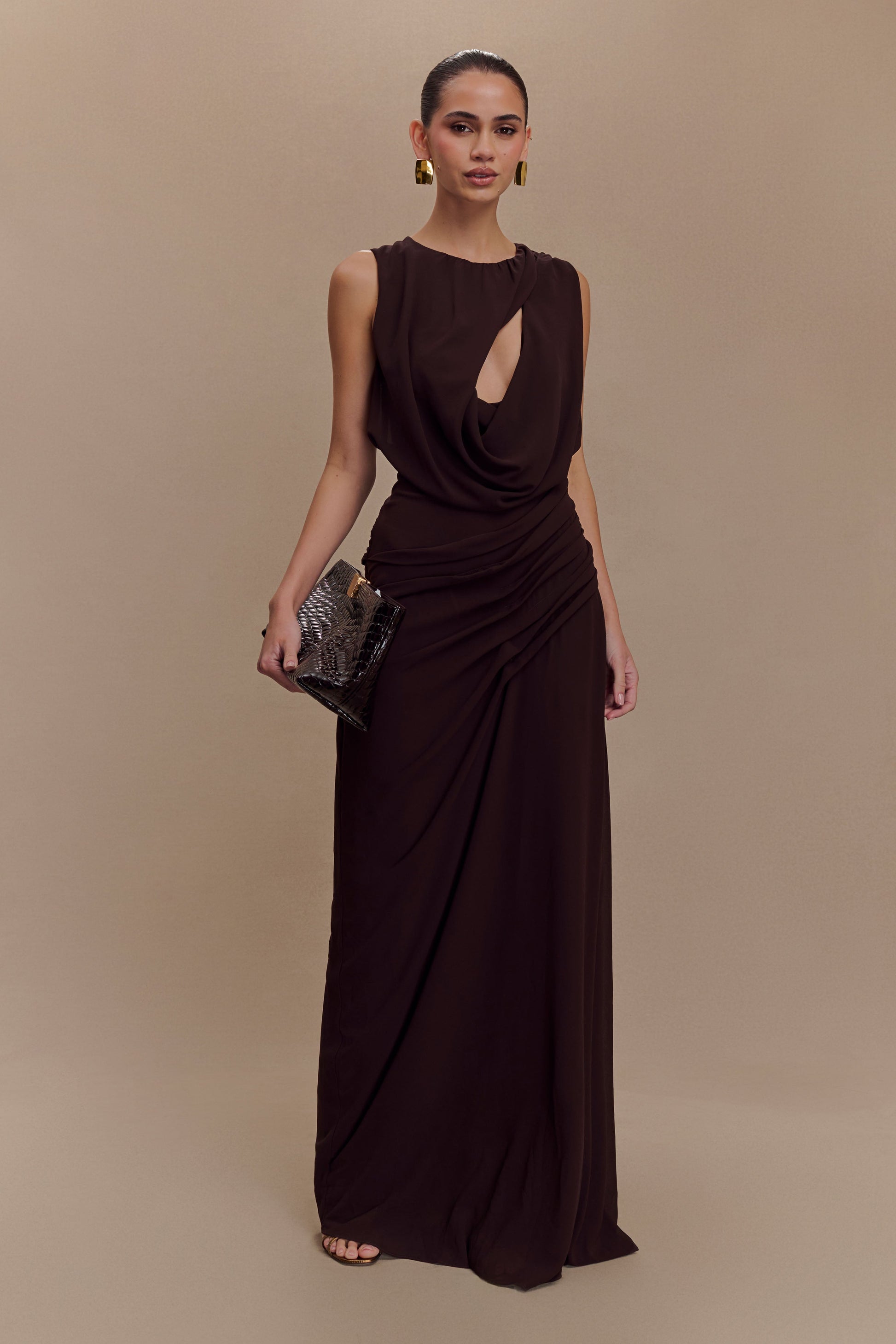 Oria Chiffon Maxi Dress - Cacao Brown | MESHKI UK Oria Chiffon Maxi Dress - Cacao Brown | MESHKI UK