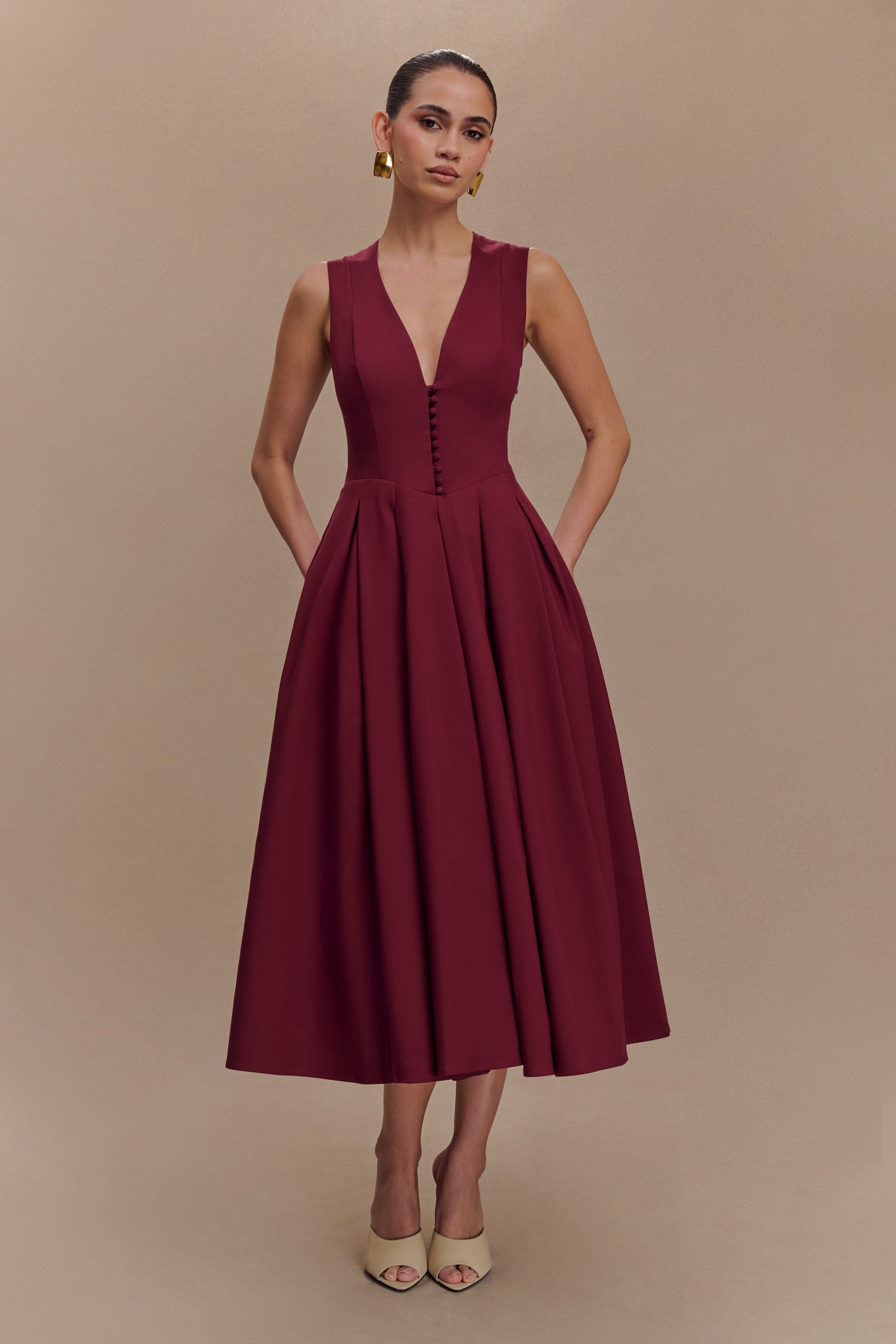 Keely Cotton Sleeveless Midi Dress - Wine