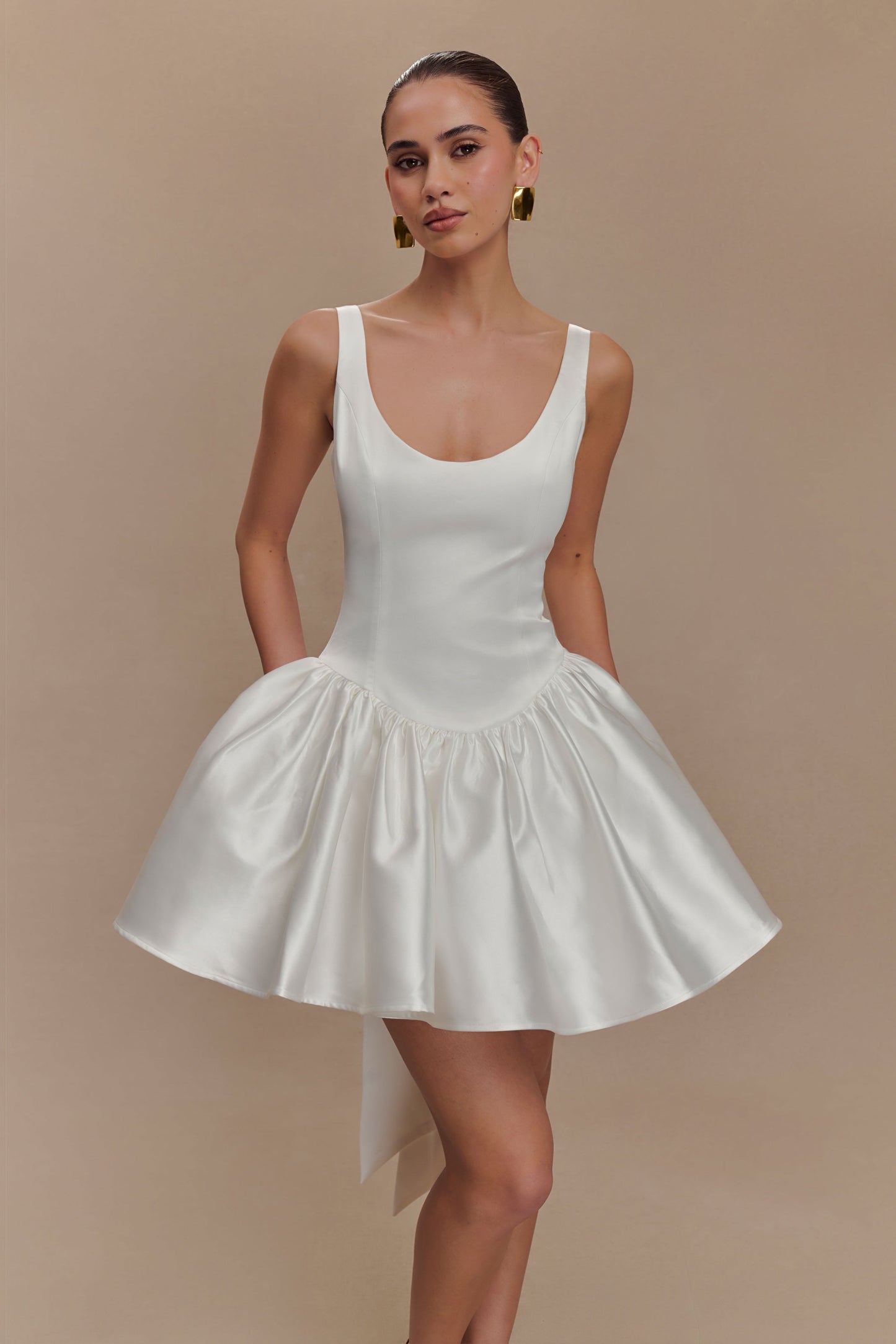 Felicia Satin Mini Dress With Bow - White