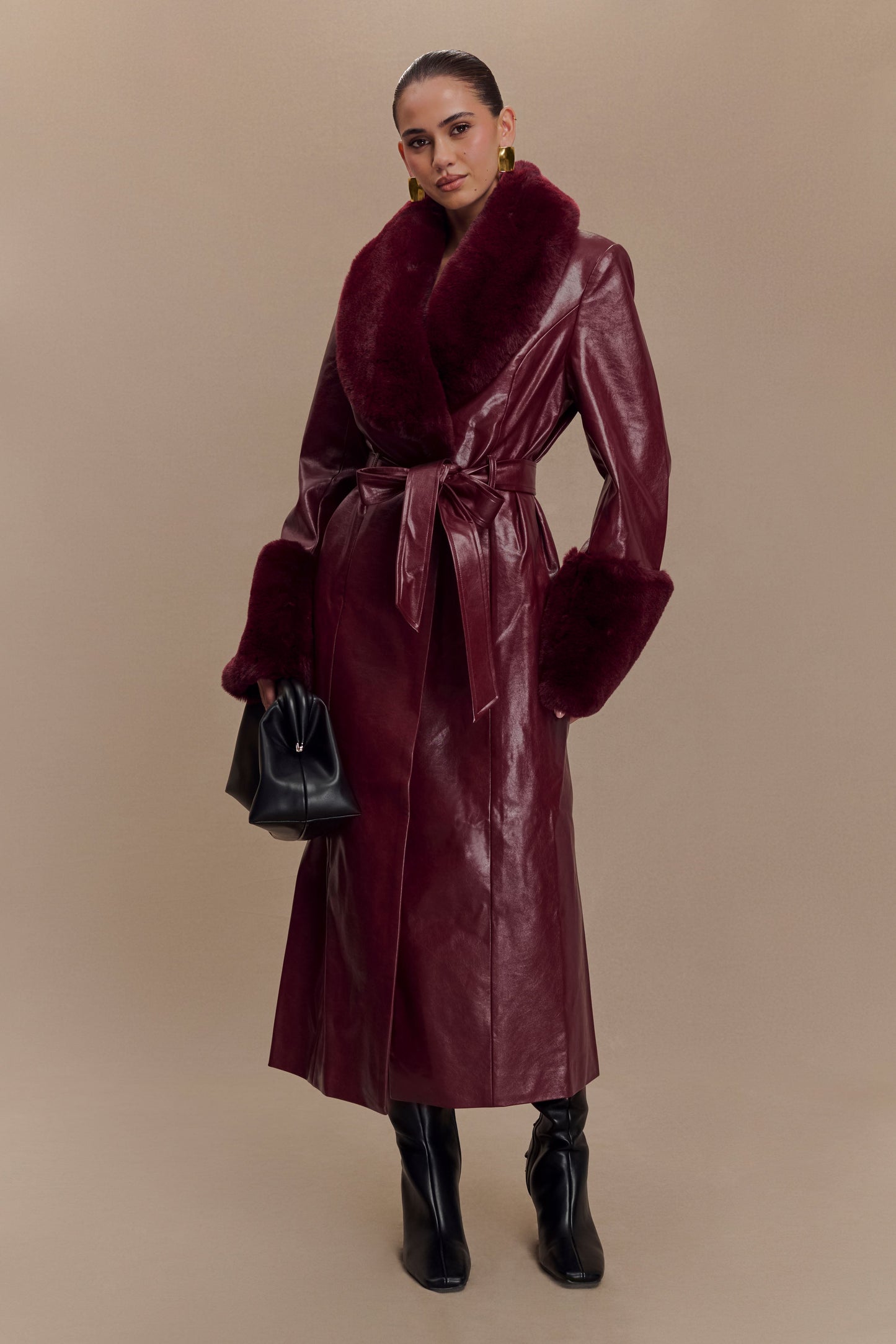 Bec Faux Leather Trench Coat With Faux Fur - Cherry Red