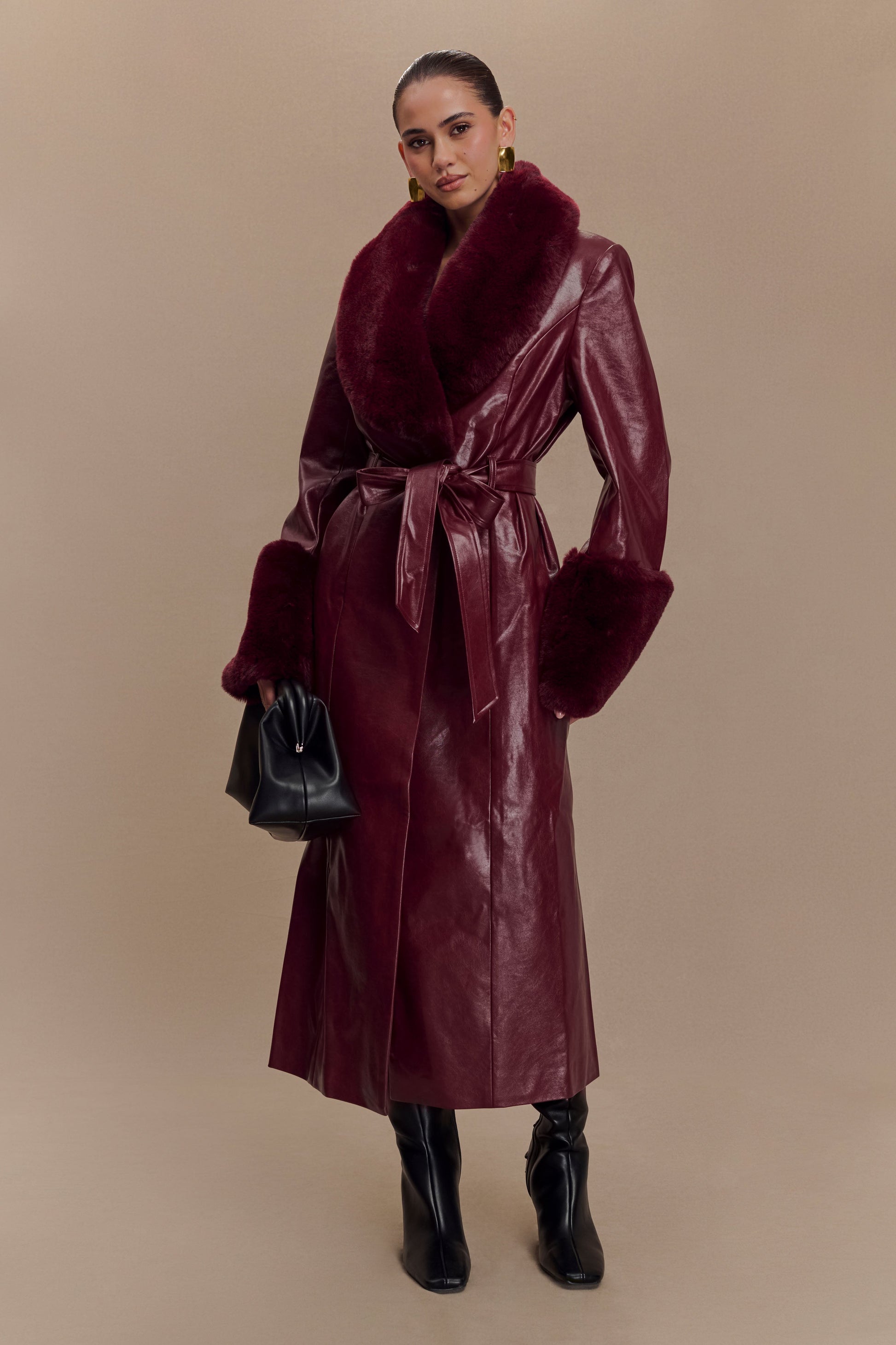 Bec Faux Leather Trench Coat With Faux Fur - Cherry Red #5