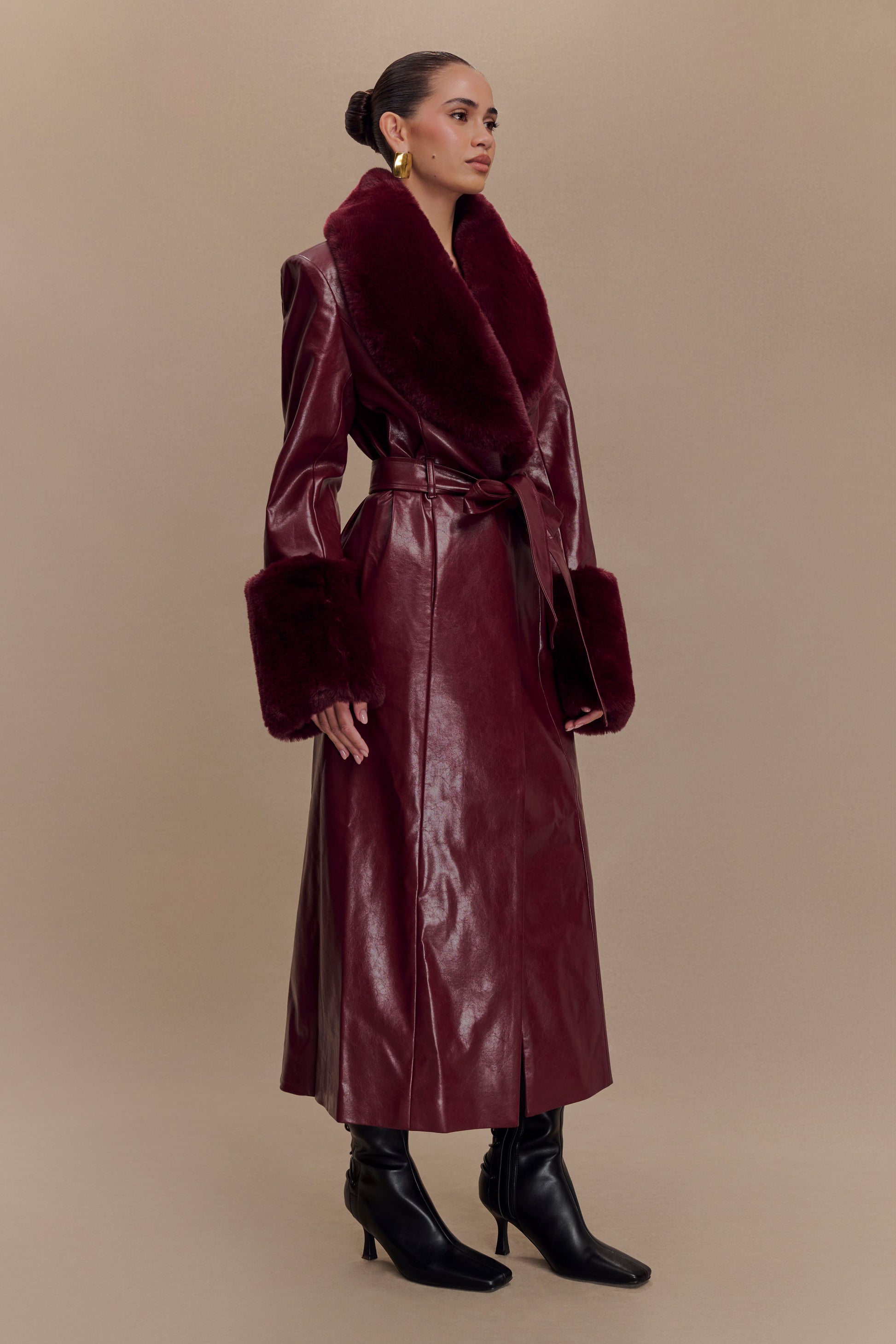 Bec Faux Leather Trench Coat With Faux Fur - Cherry Red #4