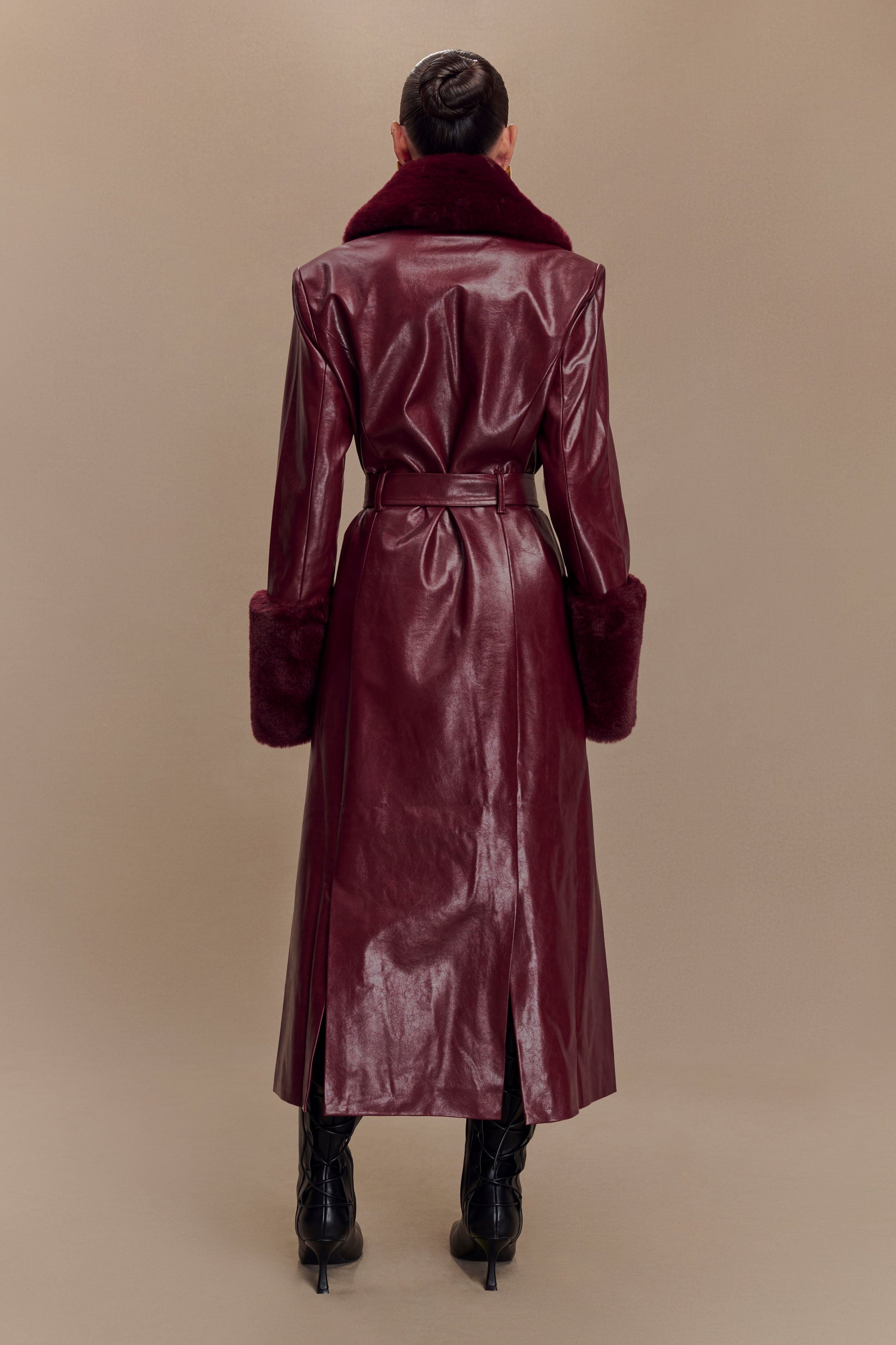 Bec Faux Leather Trench Coat With Faux Fur - Cherry Red #2