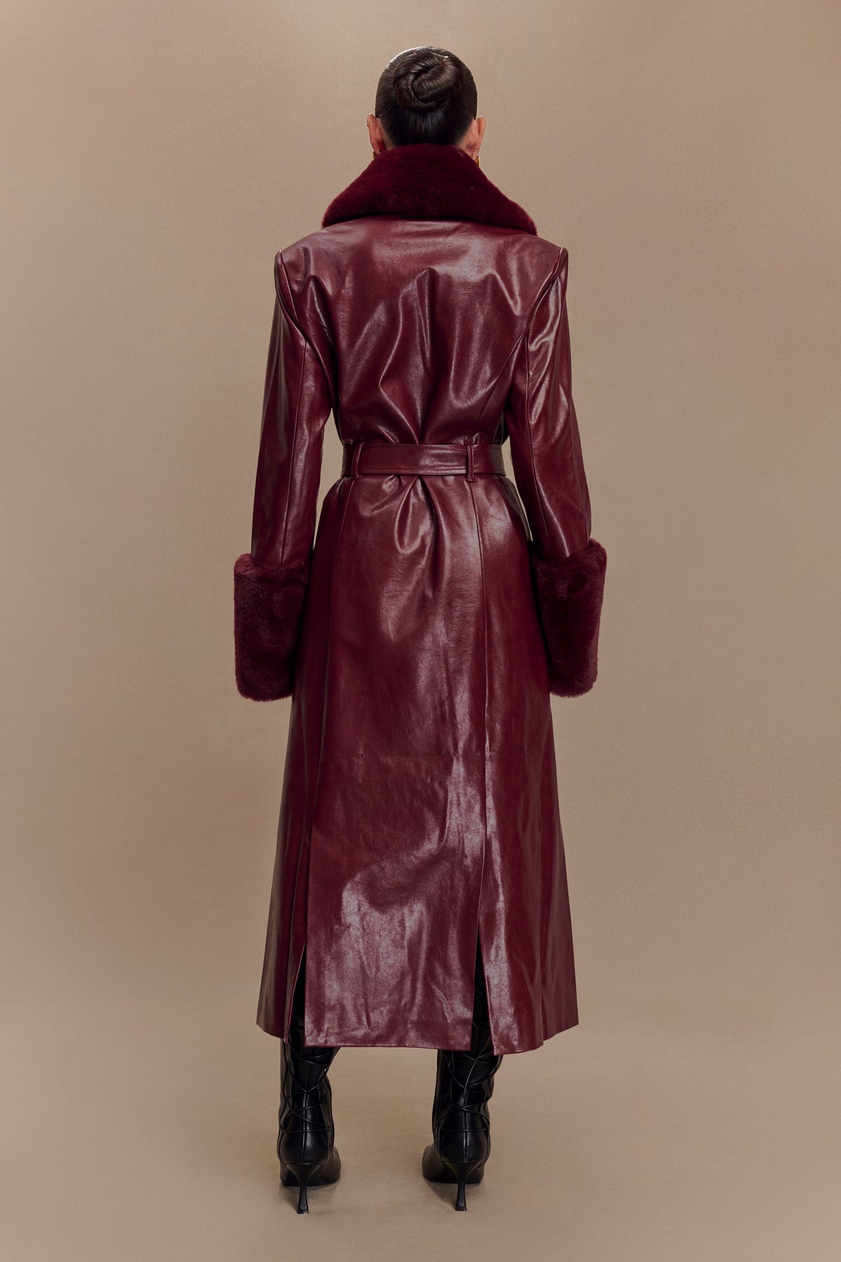 Bec Faux Leather Trench Coat With Faux Fur - Cherry Red #2