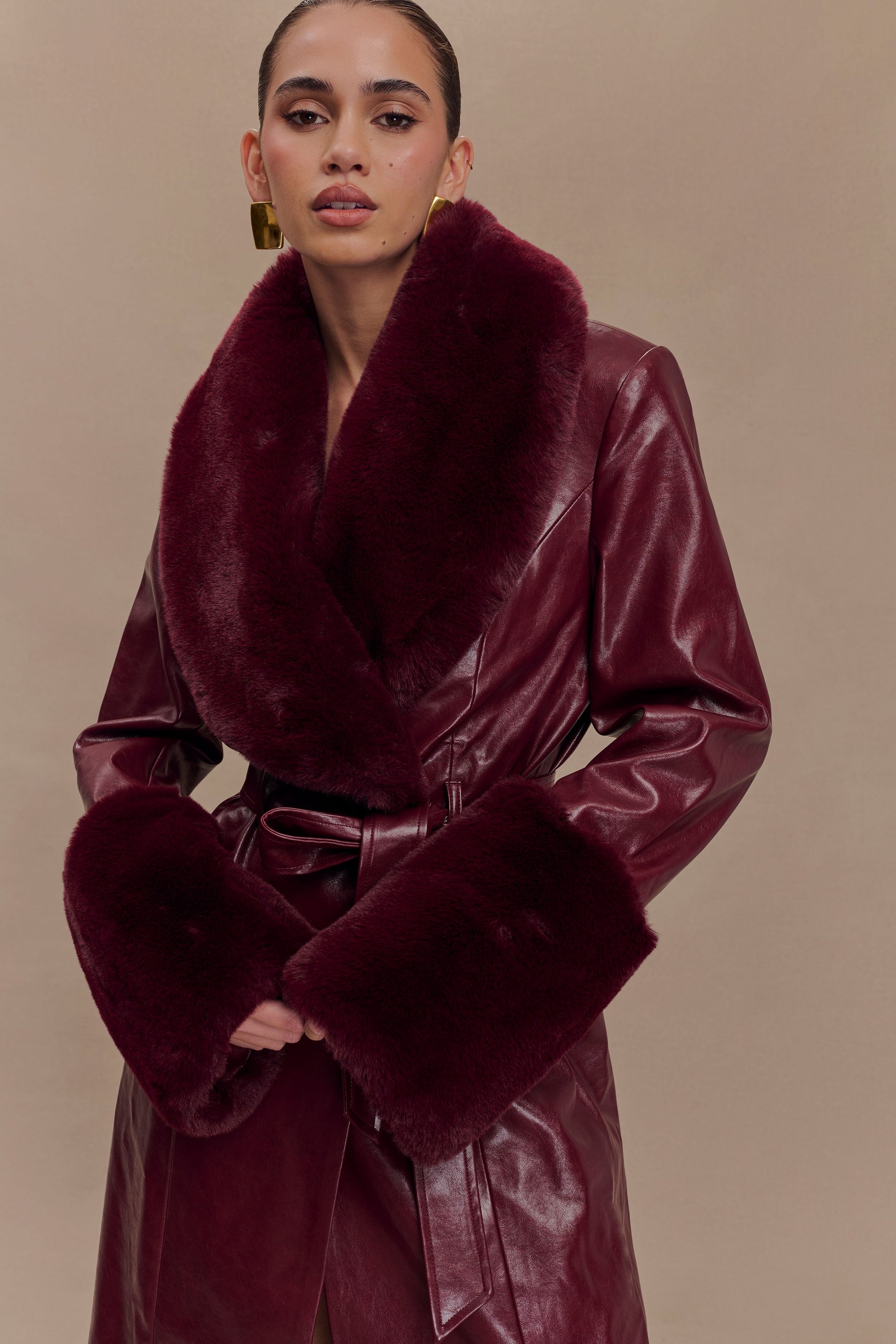 Bec Faux Leather Trench Coat With Faux Fur - Cherry Red #3