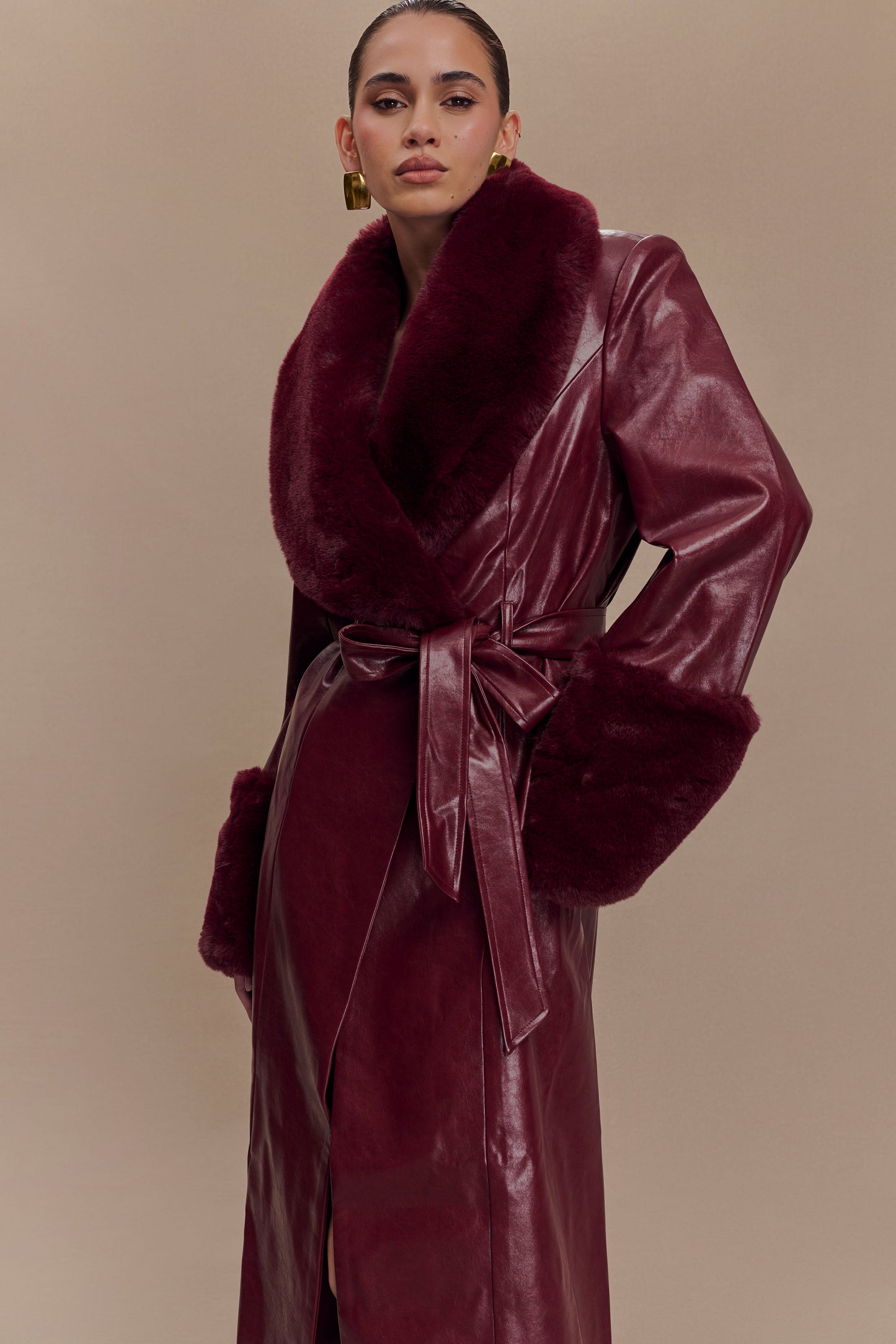 Bec Faux Leather Trench Coat With Faux Fur - Cherry Red