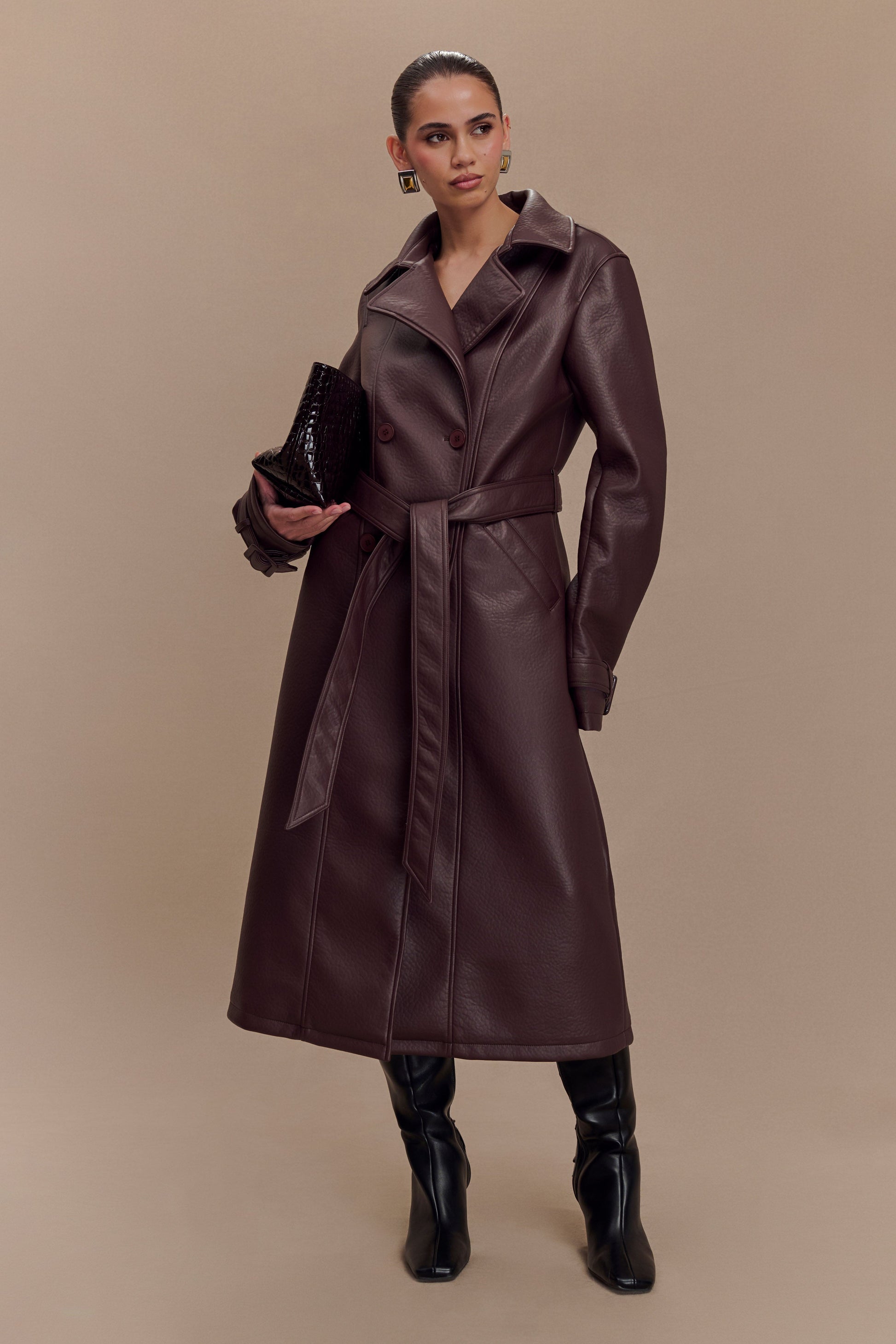 Tarah Faux Leather Trench Coat - Cacao Brown #8