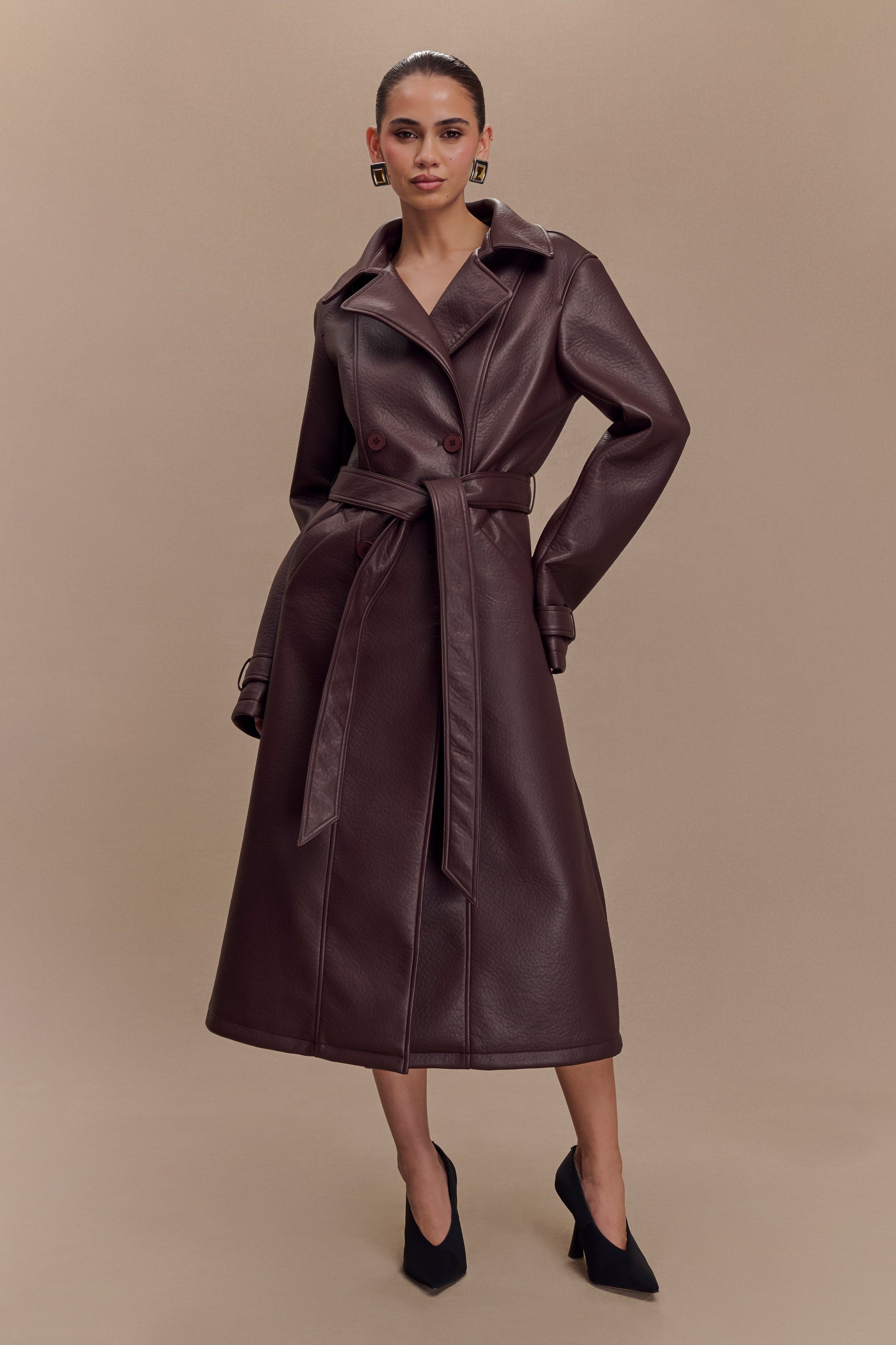Tarah Faux Leather Trench Coat - Cacao Brown #2