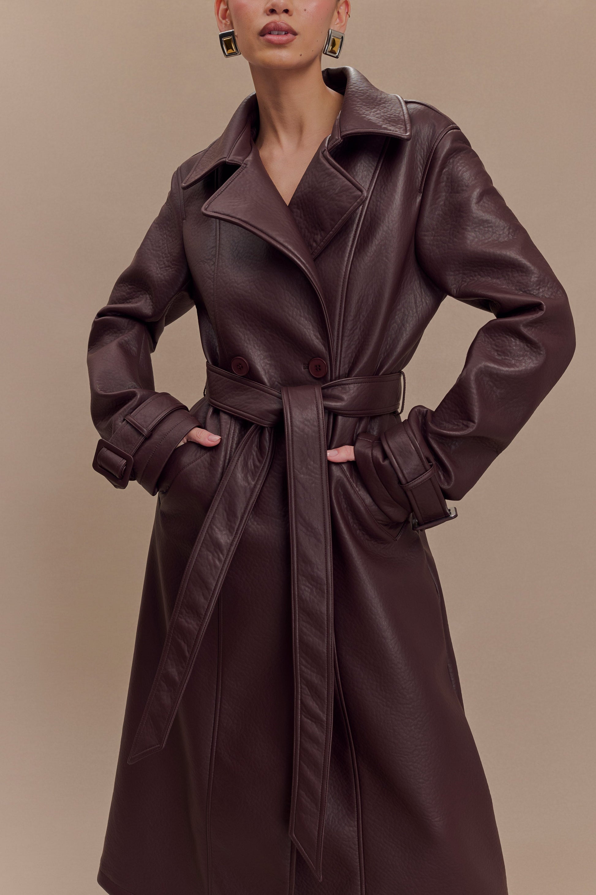 Tarah Faux Leather Trench Coat - Cacao Brown #4