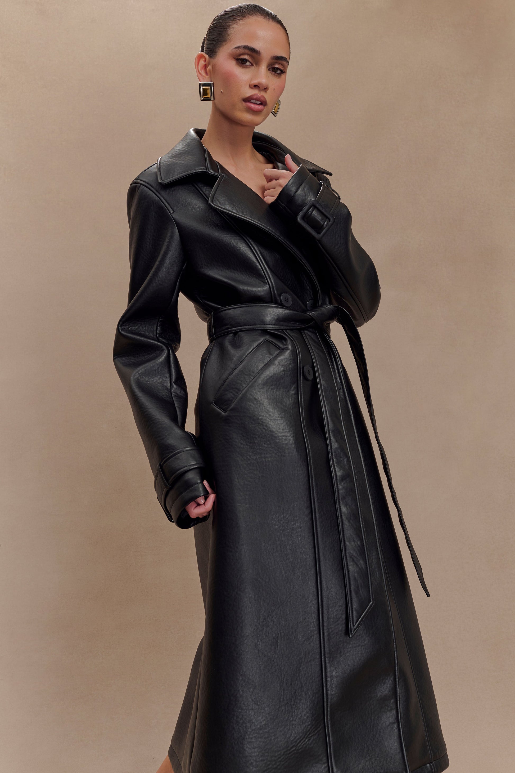 Tarah Faux Leather Trench Coat - Black #7