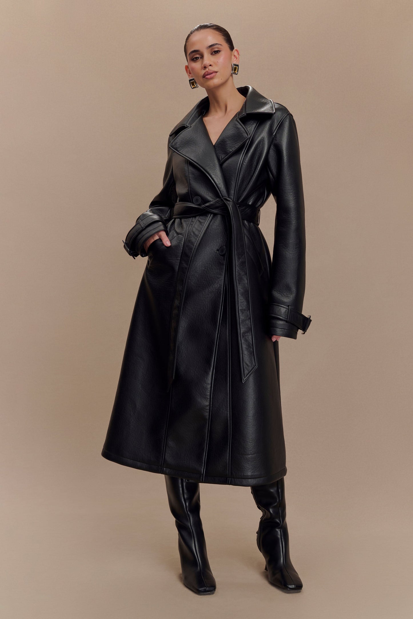 Tarah Faux Leather Trench Coat - Black