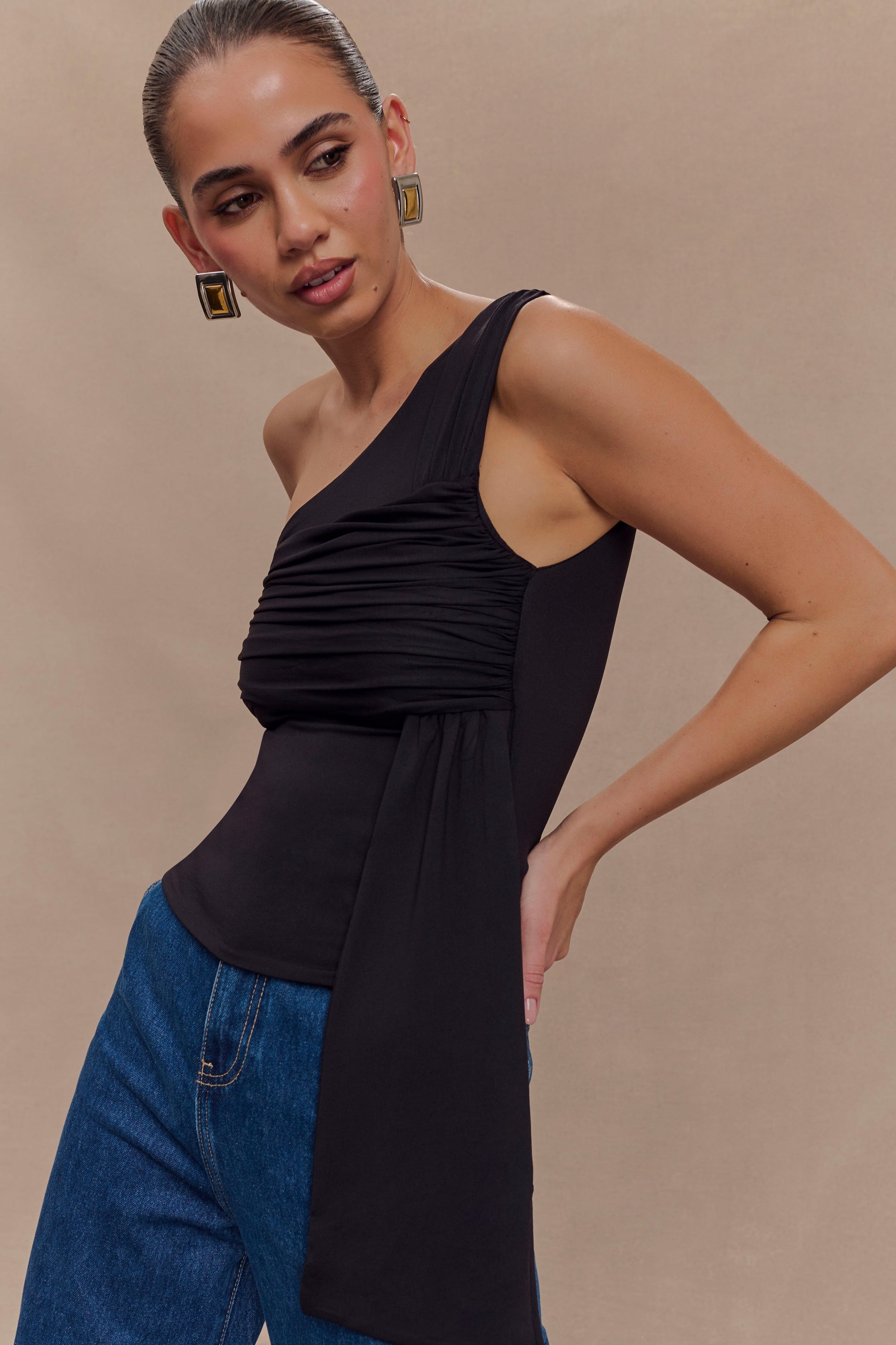 Sera One Shoulder Recycled Nylon Top With Drape - Black #3