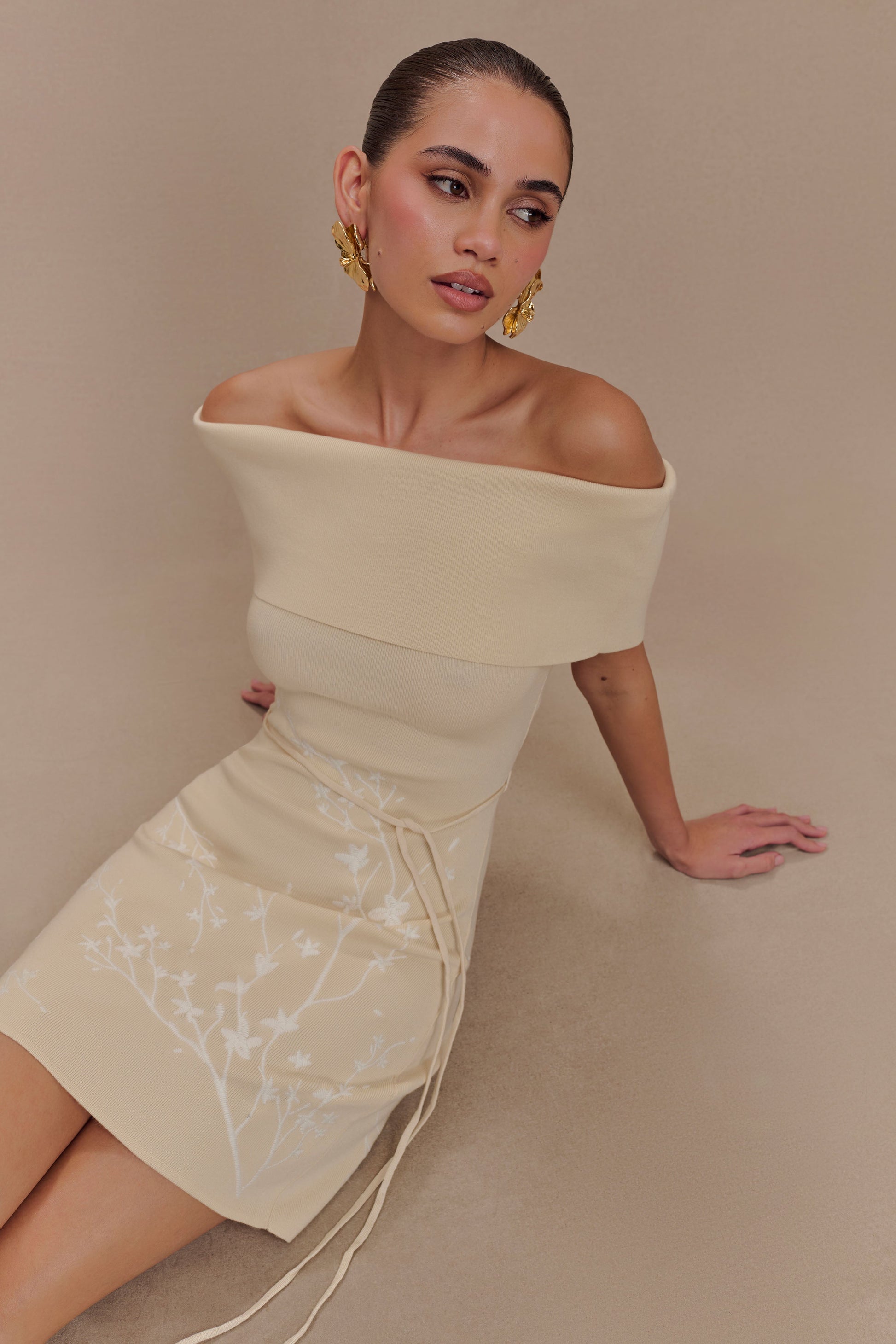 Mallory Off Shoulder Embroidered Knit Mini Dress - Cream And Ivory #3