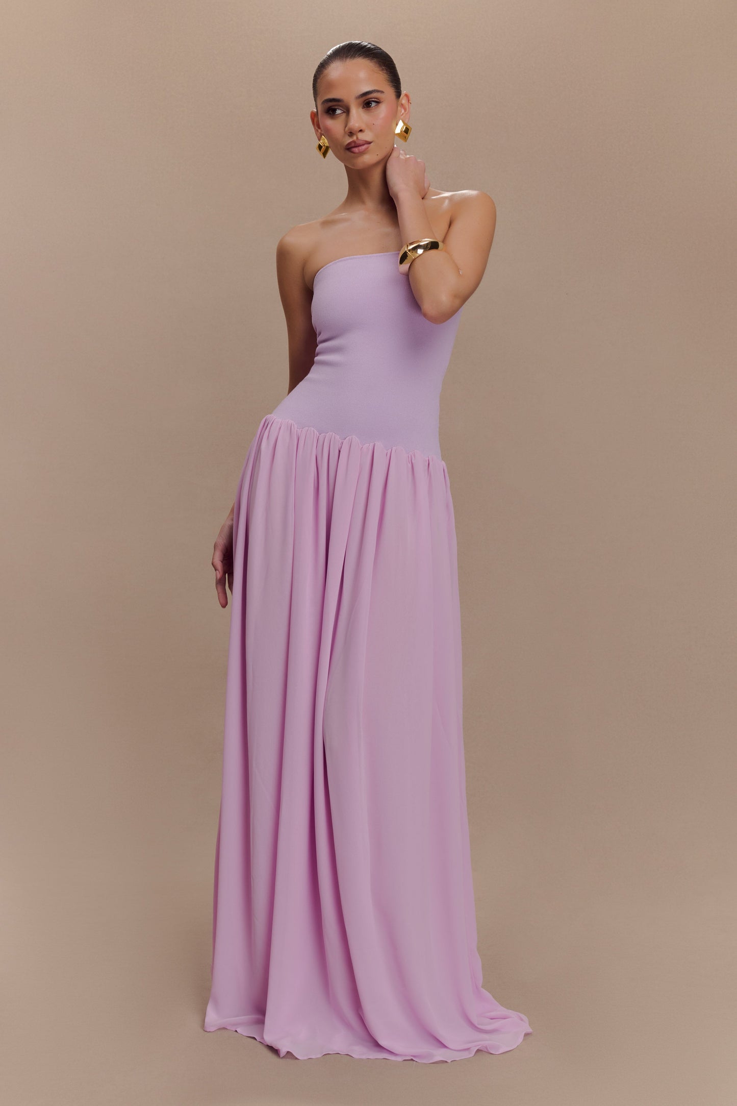 Lyanna Knit And Chiffon Strapless Maxi Dress - Lilac