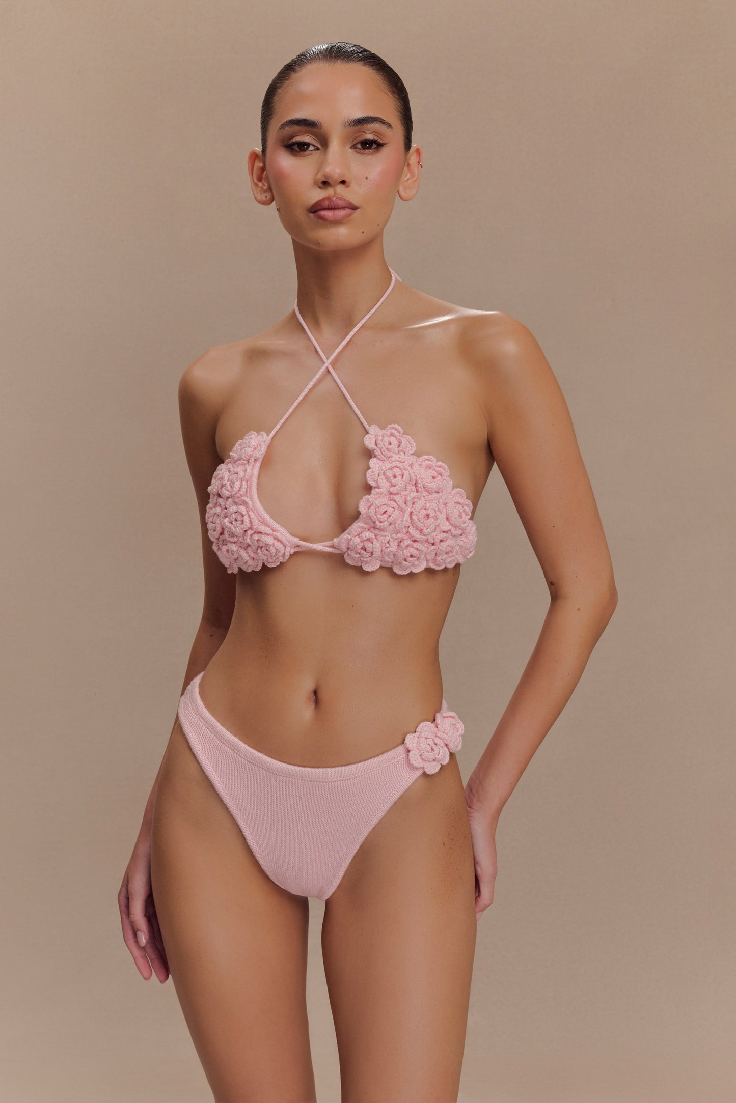 Aesha Floral Crochet Bikini Bottom - Pale Pink