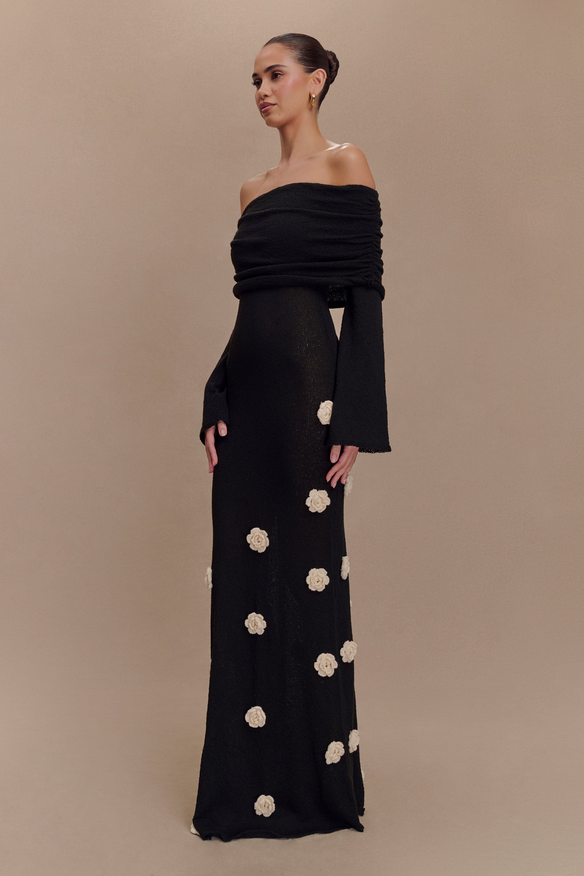Kiki Off Shoulder Knit Rose Maxi Dress - Black/White #4