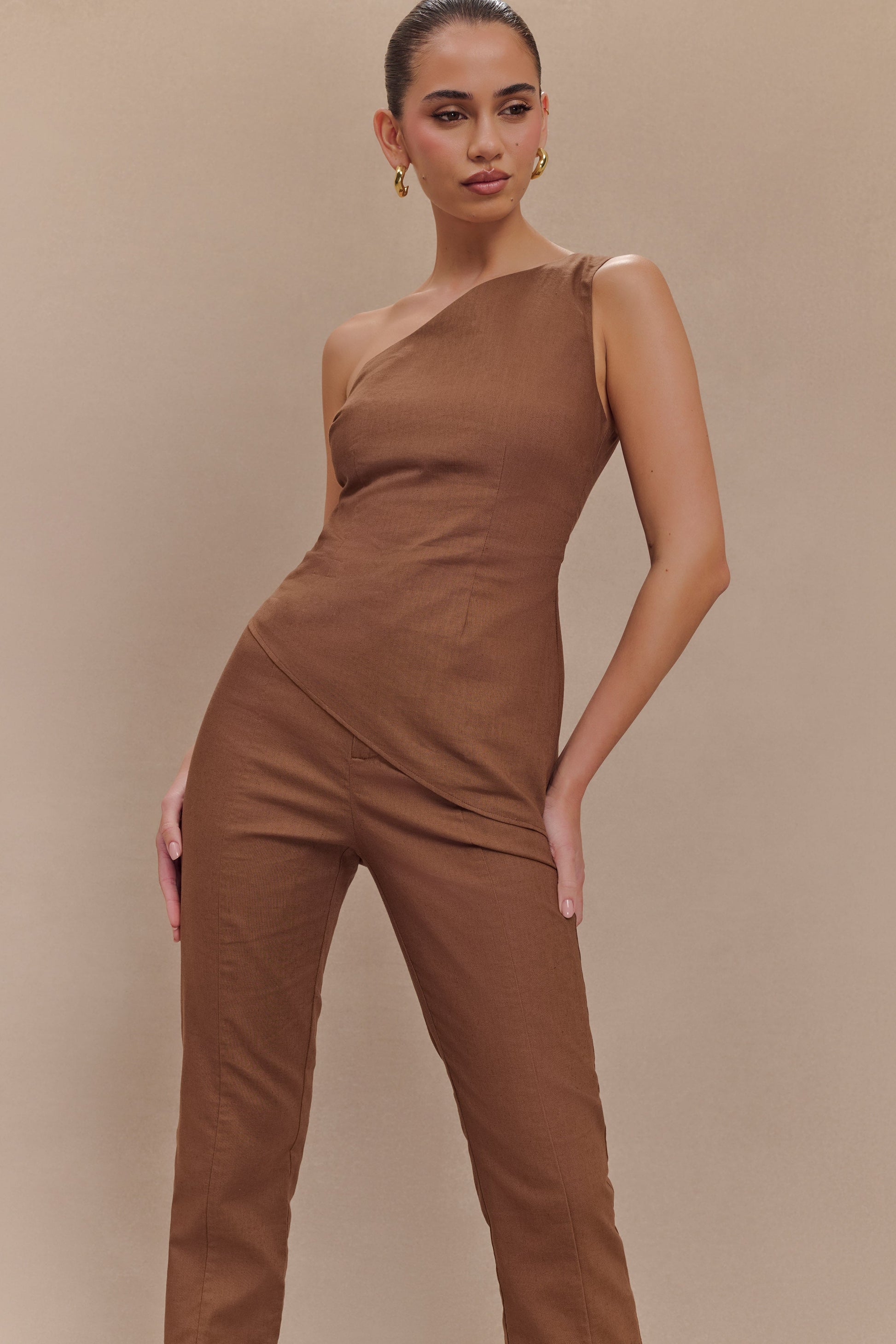 Dora Linen One Shoulder Top - Cacao Brown #3