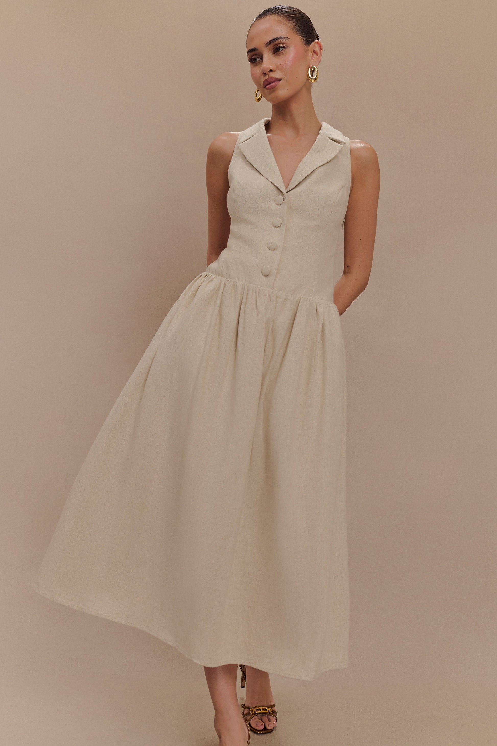 Valery Linen Midi Collar Dress - Natural #3