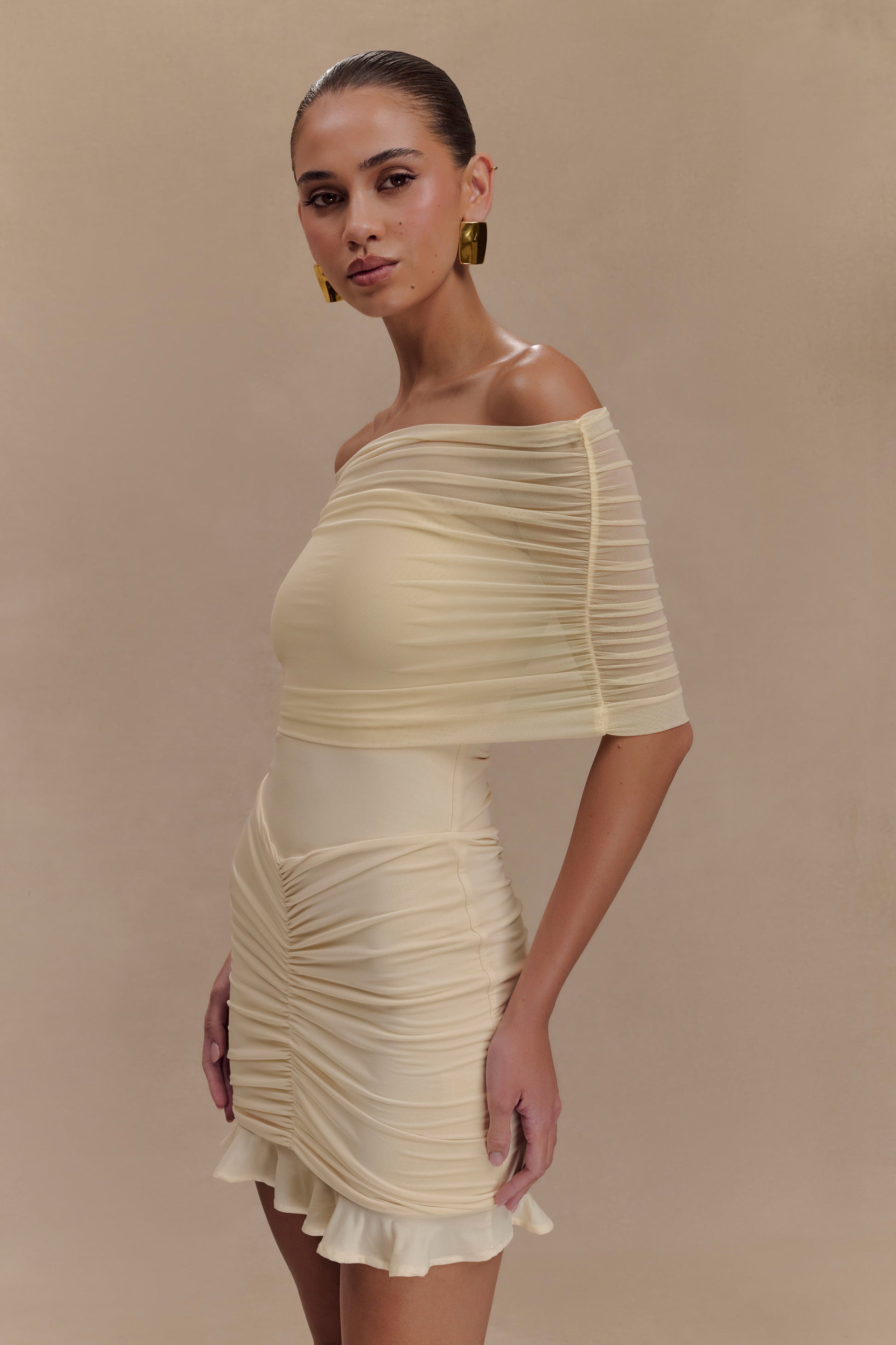 Caspian Slinky And Mesh Off Shoulder Mini Dress - Ivory #4
