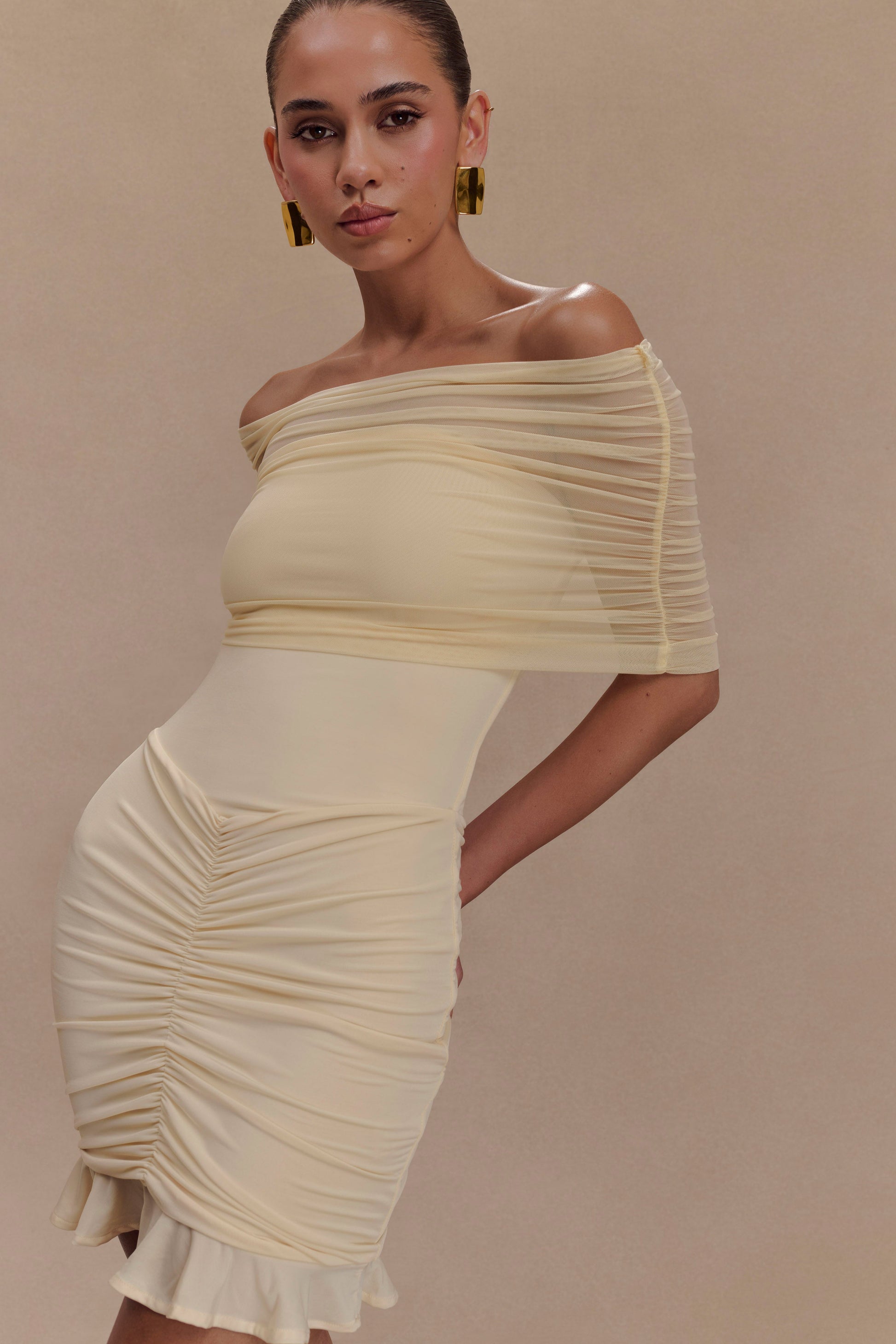 Caspian Slinky And Mesh Off Shoulder Mini Dress - Ivory #3
