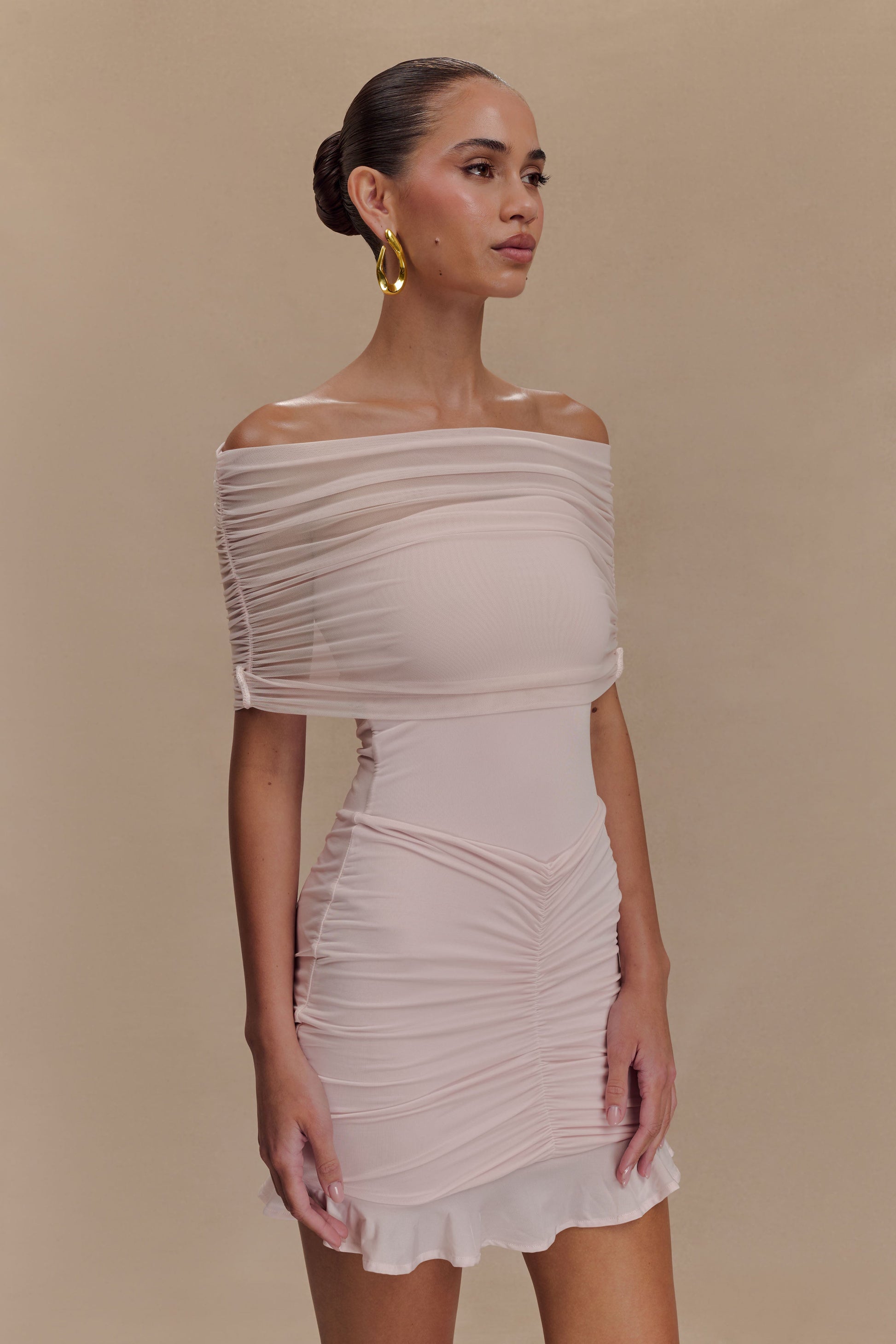 Caspian Slinky And Mesh Off Shoulder Mini Dress - Pale Pink #4