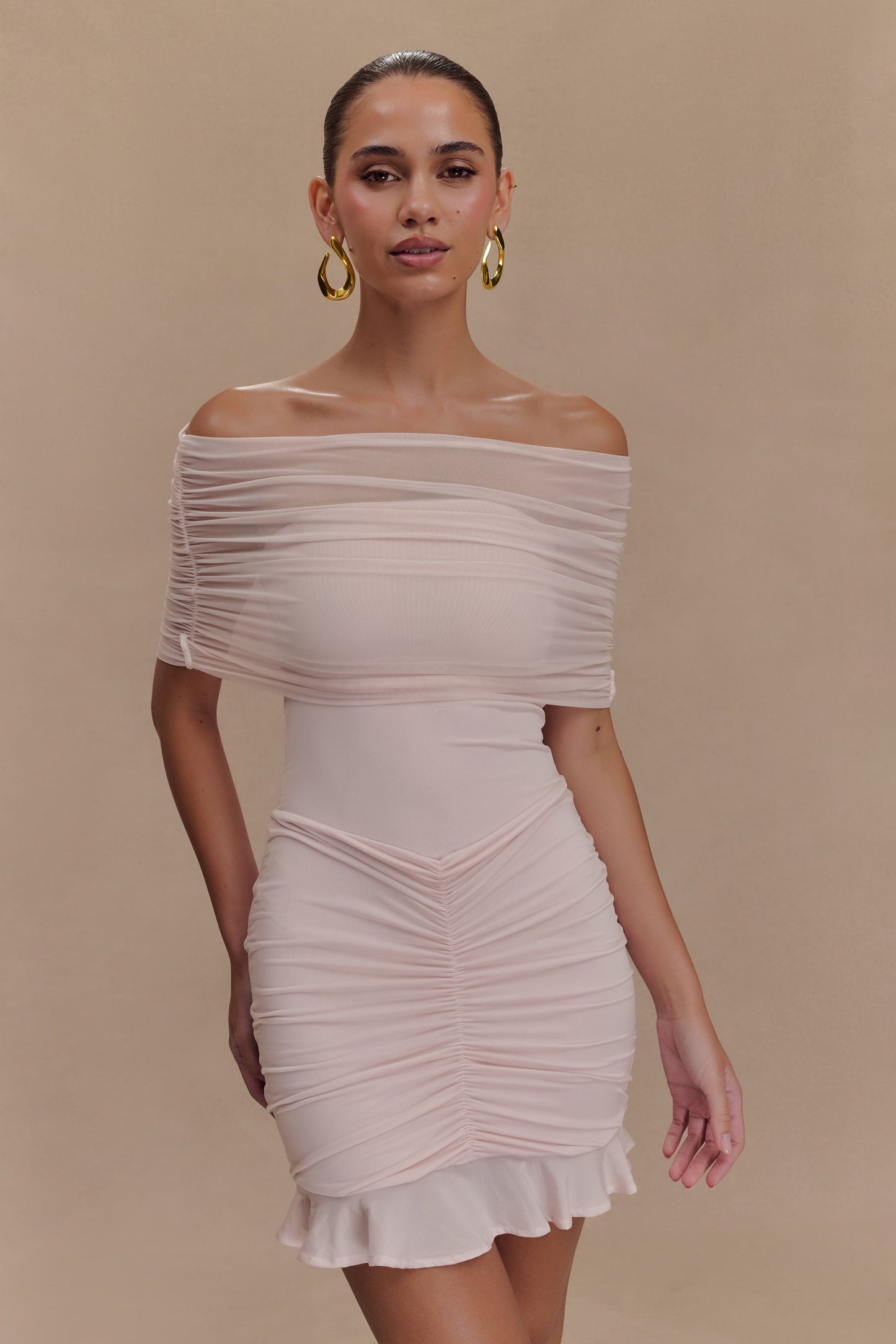 Caspian Slinky And Mesh Off Shoulder Mini Dress - Pale Pink