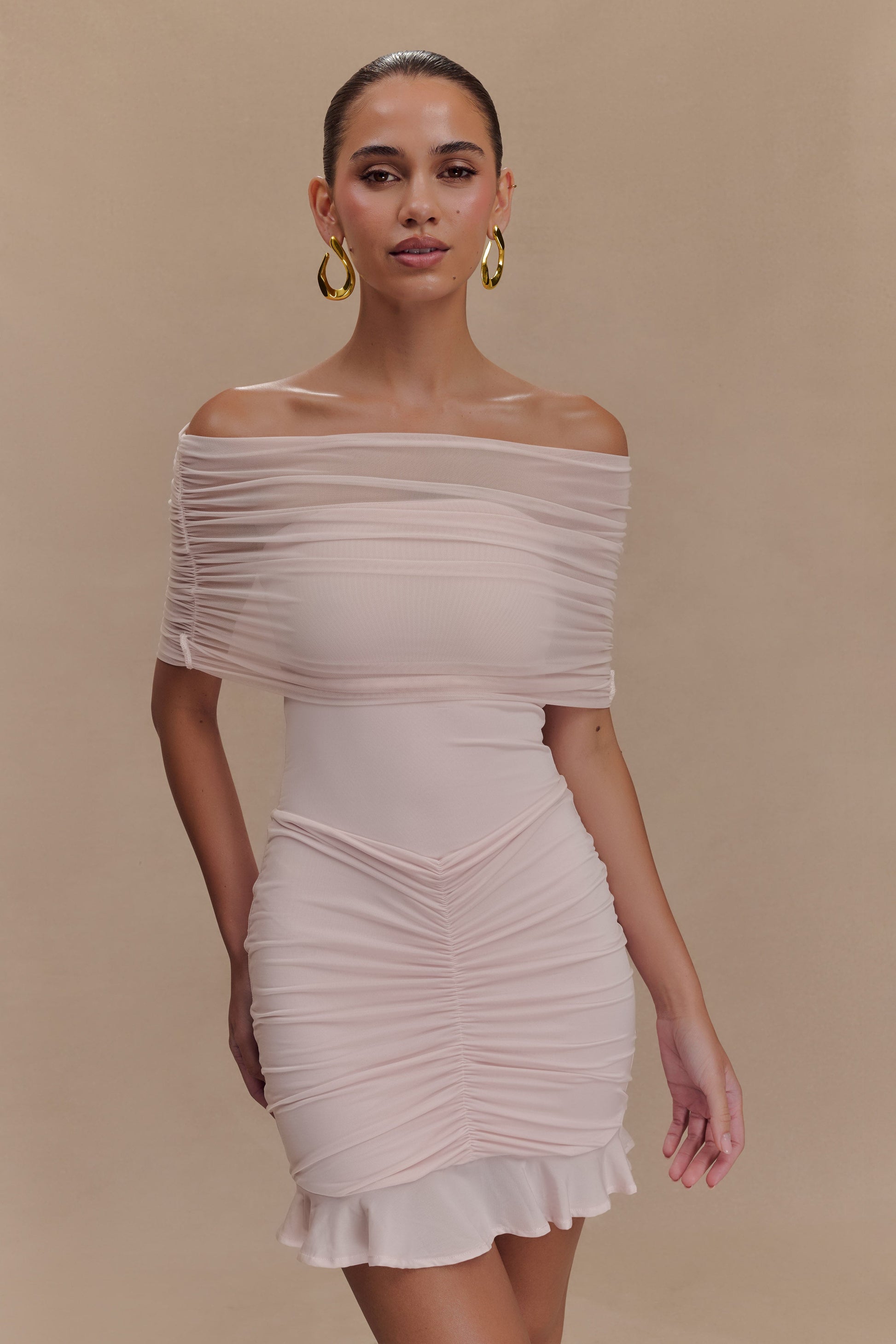 Caspian Slinky And Mesh Off Shoulder Mini Dress - Pale Pink #6