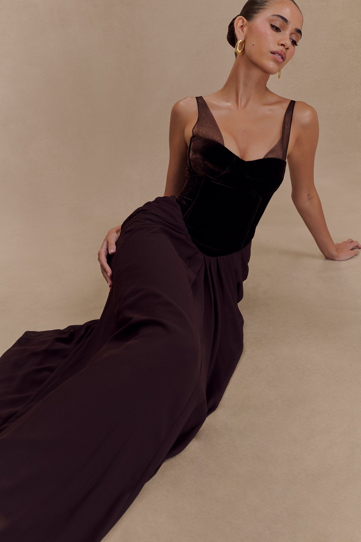 Roxanne Velvet Corset Maxi Dress - Cacao Brown #3