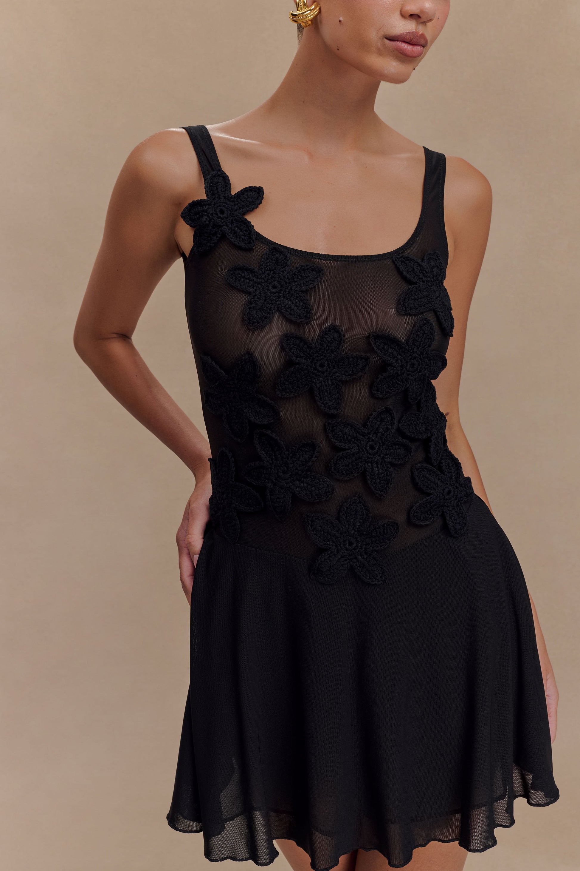 Melanie Mesh Mini Dress With Flowers - Black #3