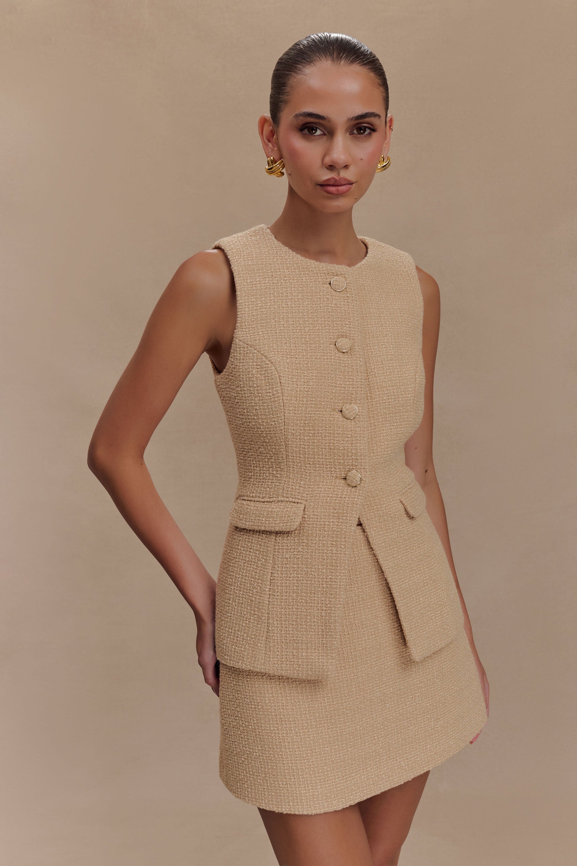 Camilla Boucle Sleeveless Vest - Light Taupe | MESHKI UK Camilla Boucle Sleeveless Vest - Light Taupe | MESHKI UK