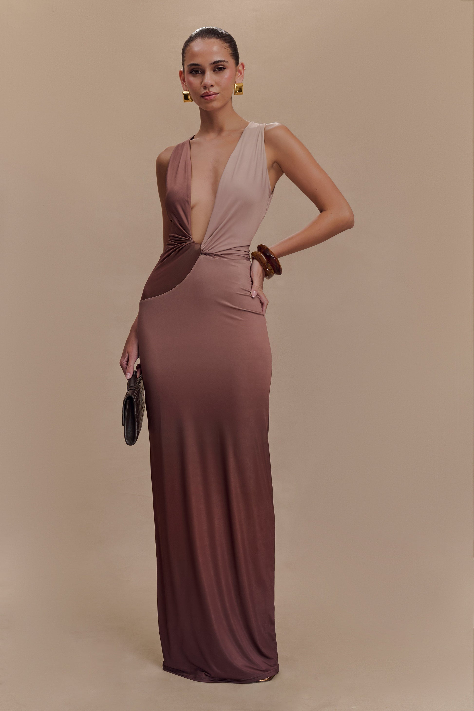 Stella Draped Slinky Maxi Dress - Mocha Ombre | MESHKI UK Stella Draped Slinky Maxi Dress - Mocha Ombre | MESHKI UK