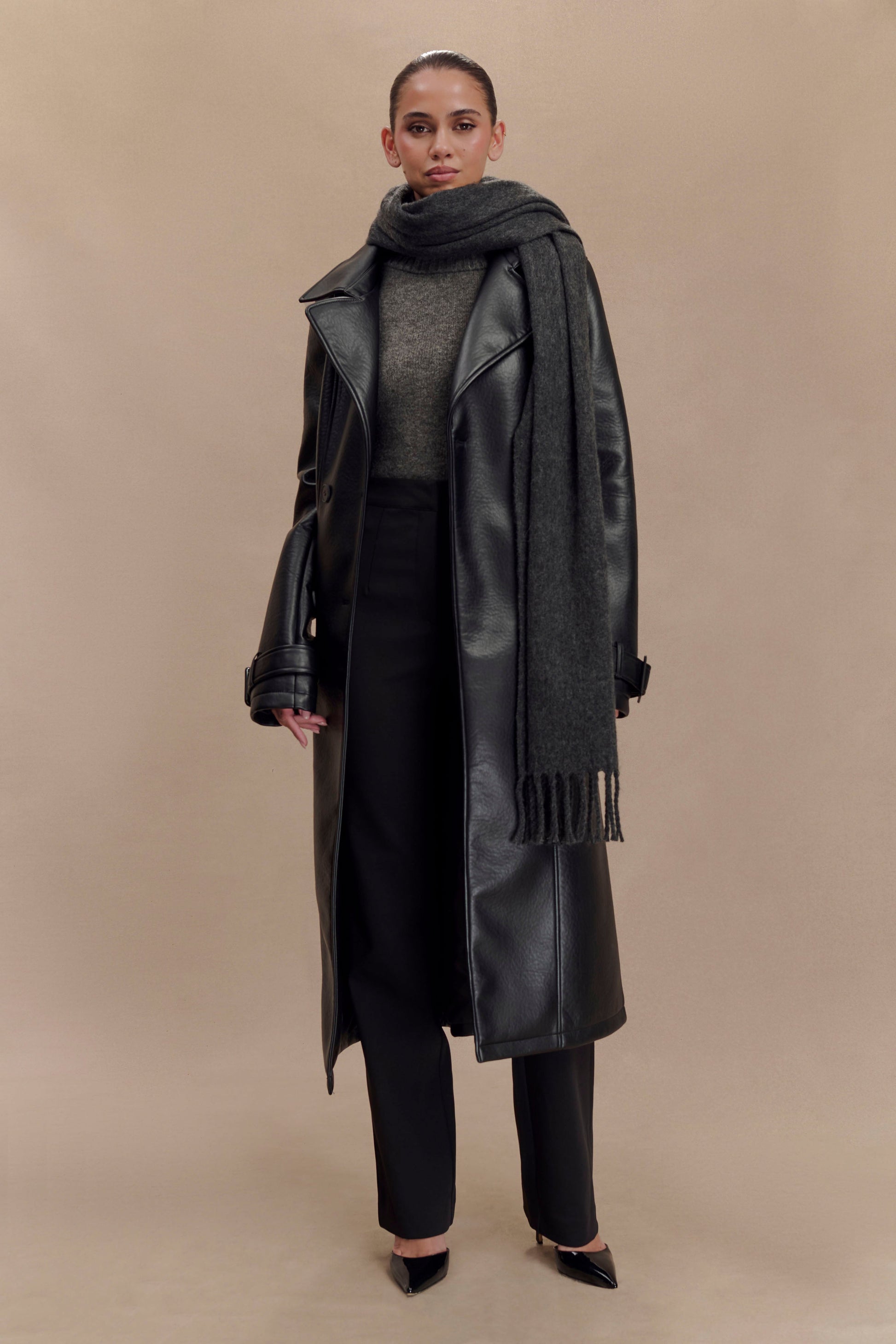 Tarah Faux Leather Trench Coat - Black #3