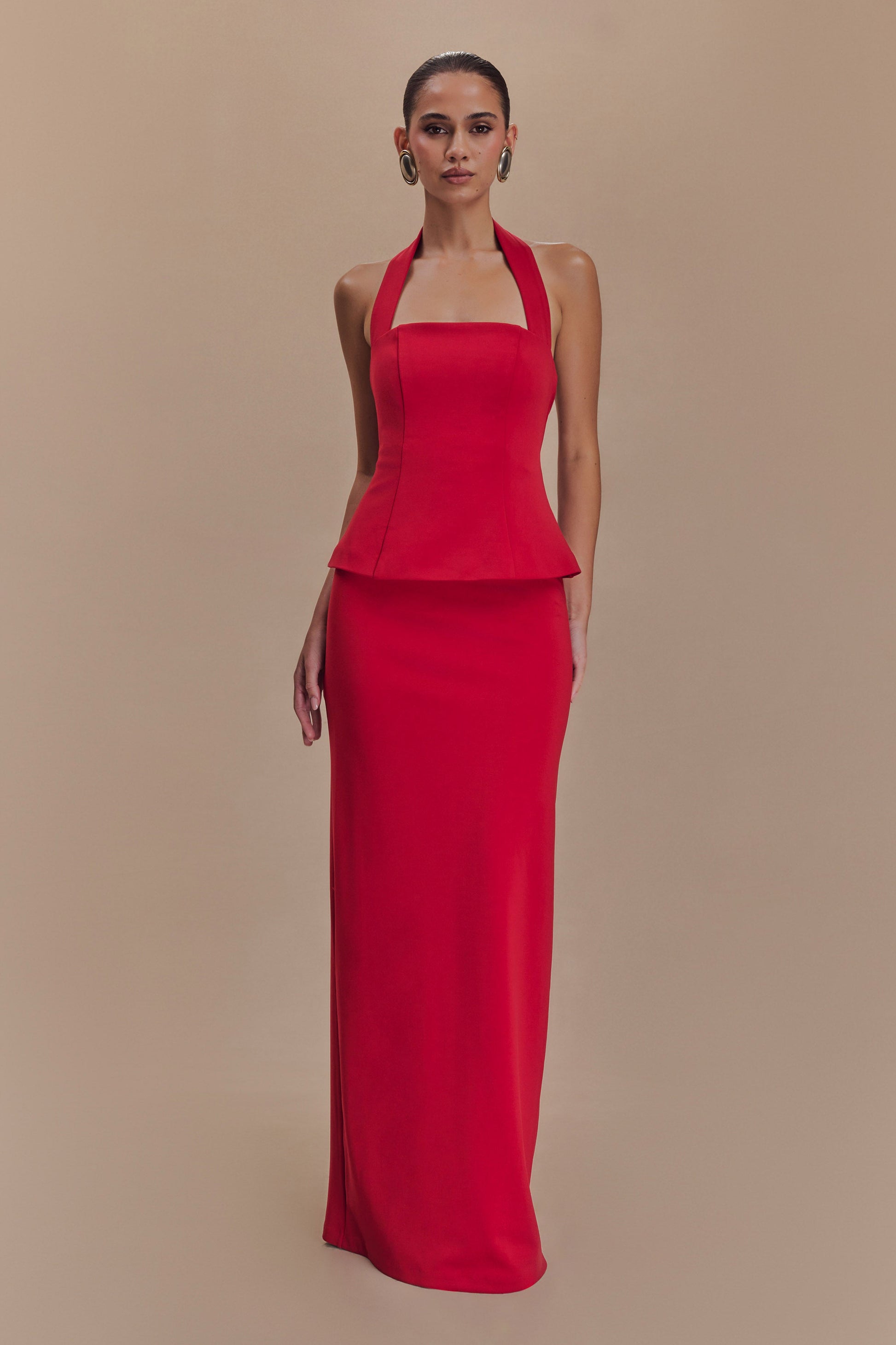 Bertie Peplum Halter Maxi Dress - Ruby | MESHKI UK Bertie Peplum Halter Maxi Dress - Ruby | MESHKI UK