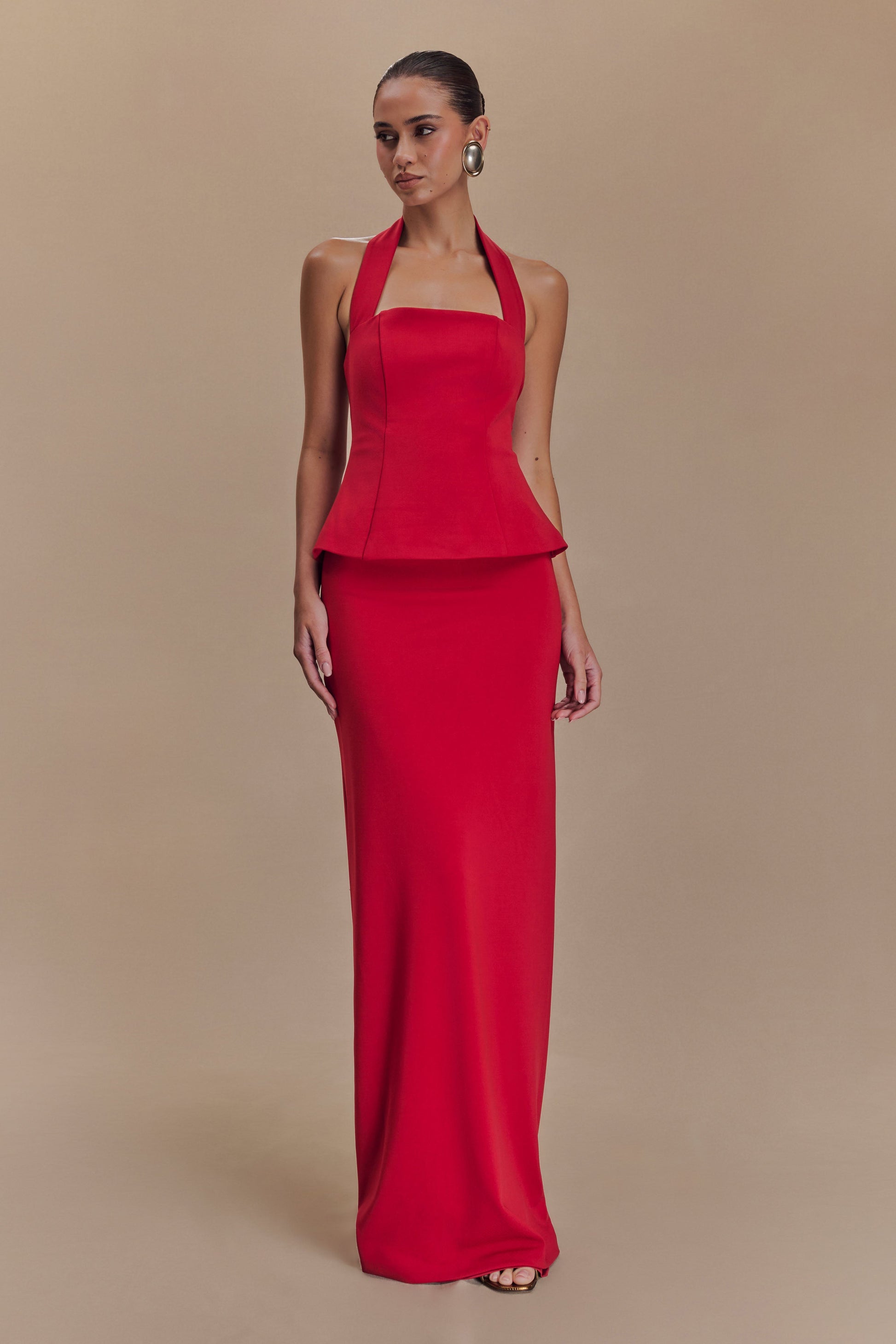 Bertie Peplum Halter Maxi Dress - Ruby | MESHKI UK Bertie Peplum Halter Maxi Dress - Ruby | MESHKI UK