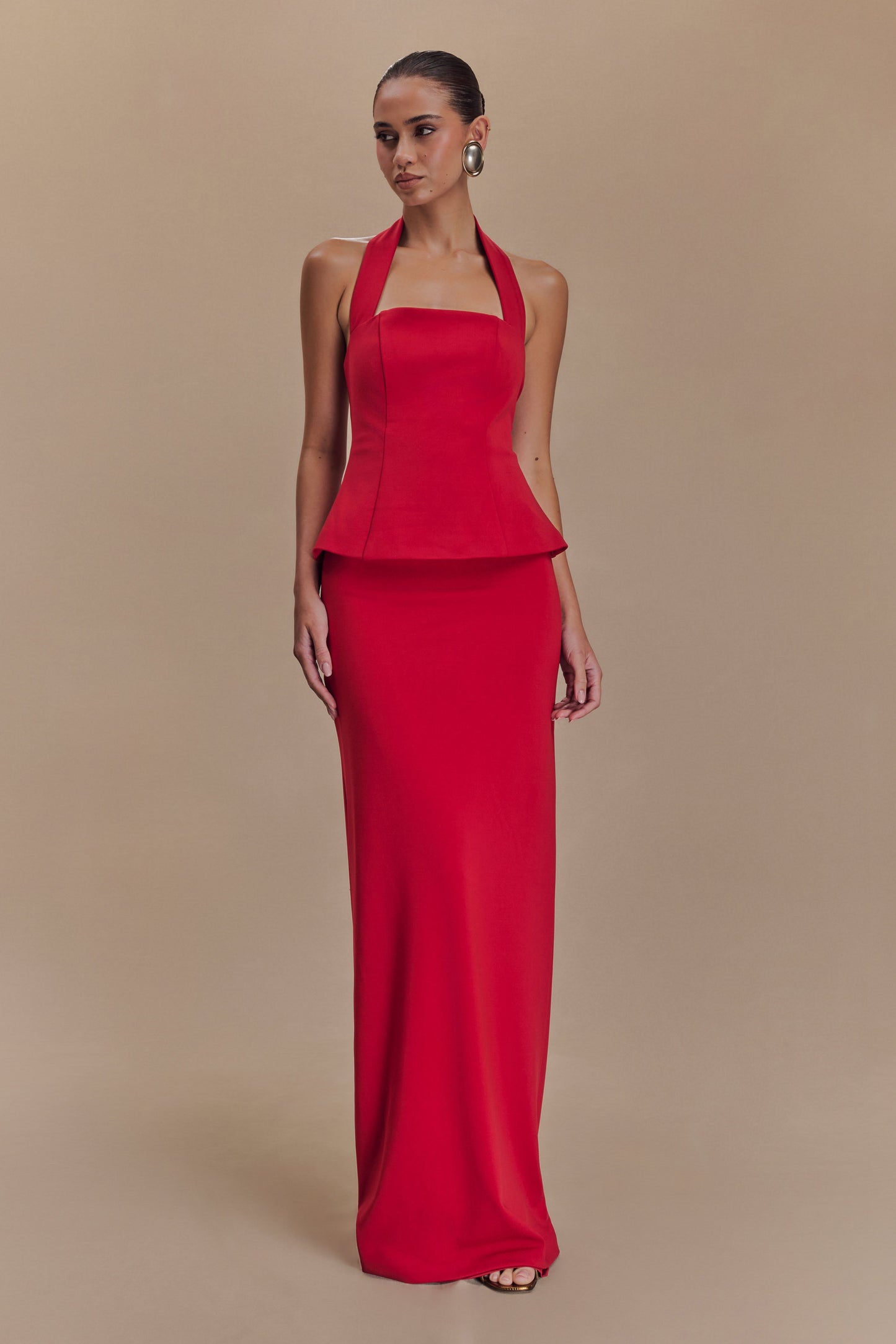 Bertie Peplum Halter Maxi Dress - Ruby | MESHKI UK