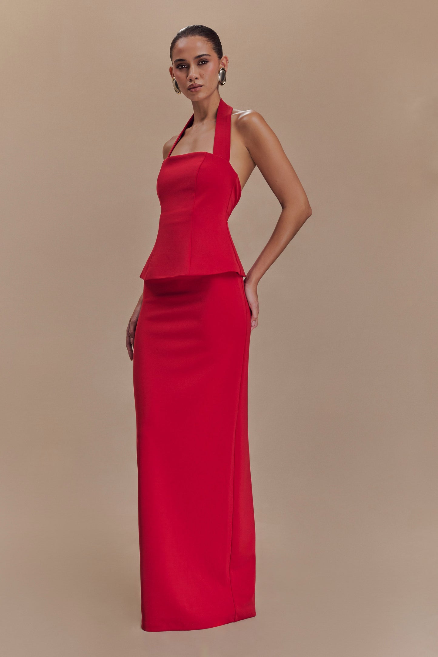 Bertie Peplum Halter Maxi Dress - Ruby