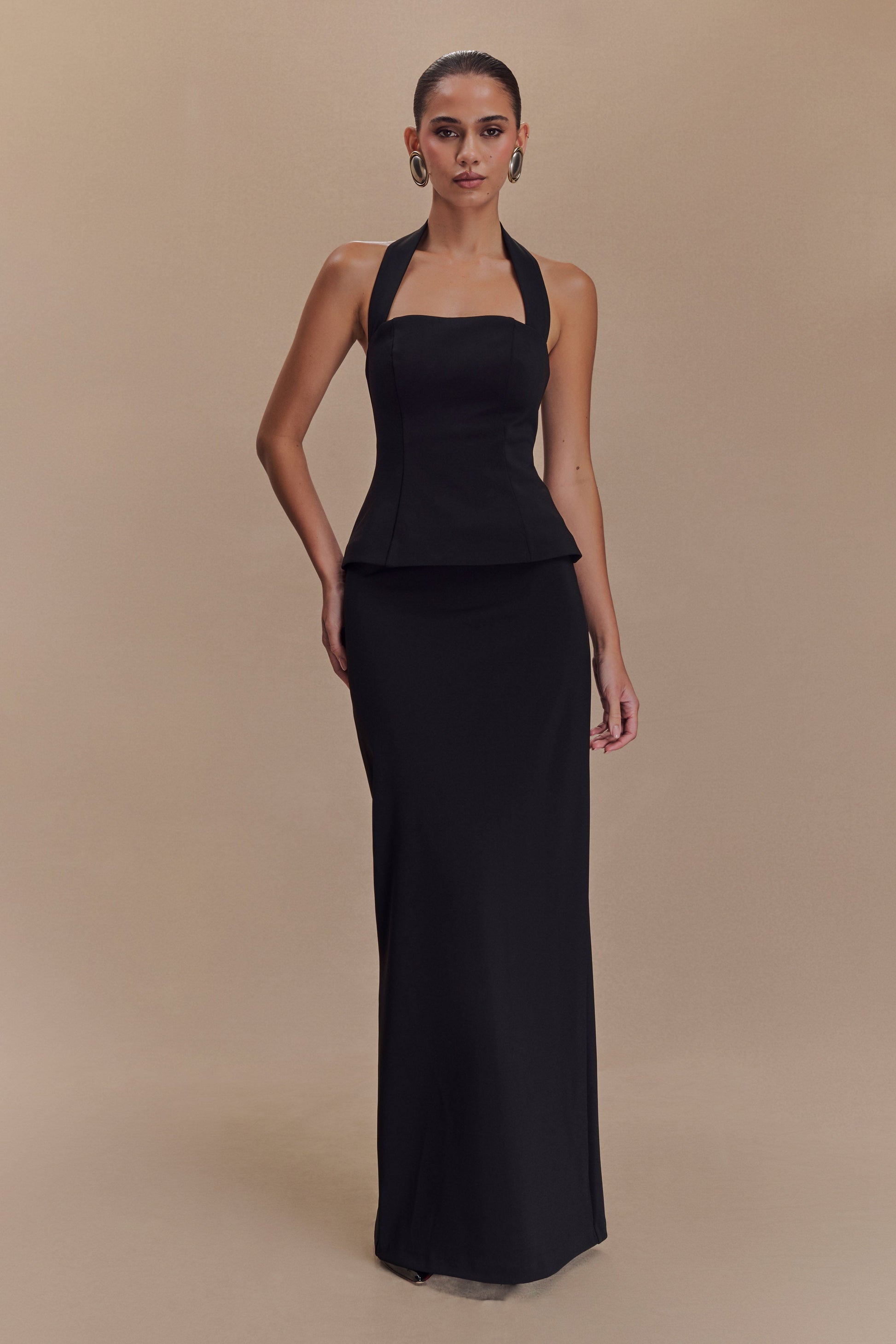 Bertie Peplum Halter Maxi Dress - Black | MESHKI UK Bertie Peplum Halter Maxi Dress - Black | MESHKI UK