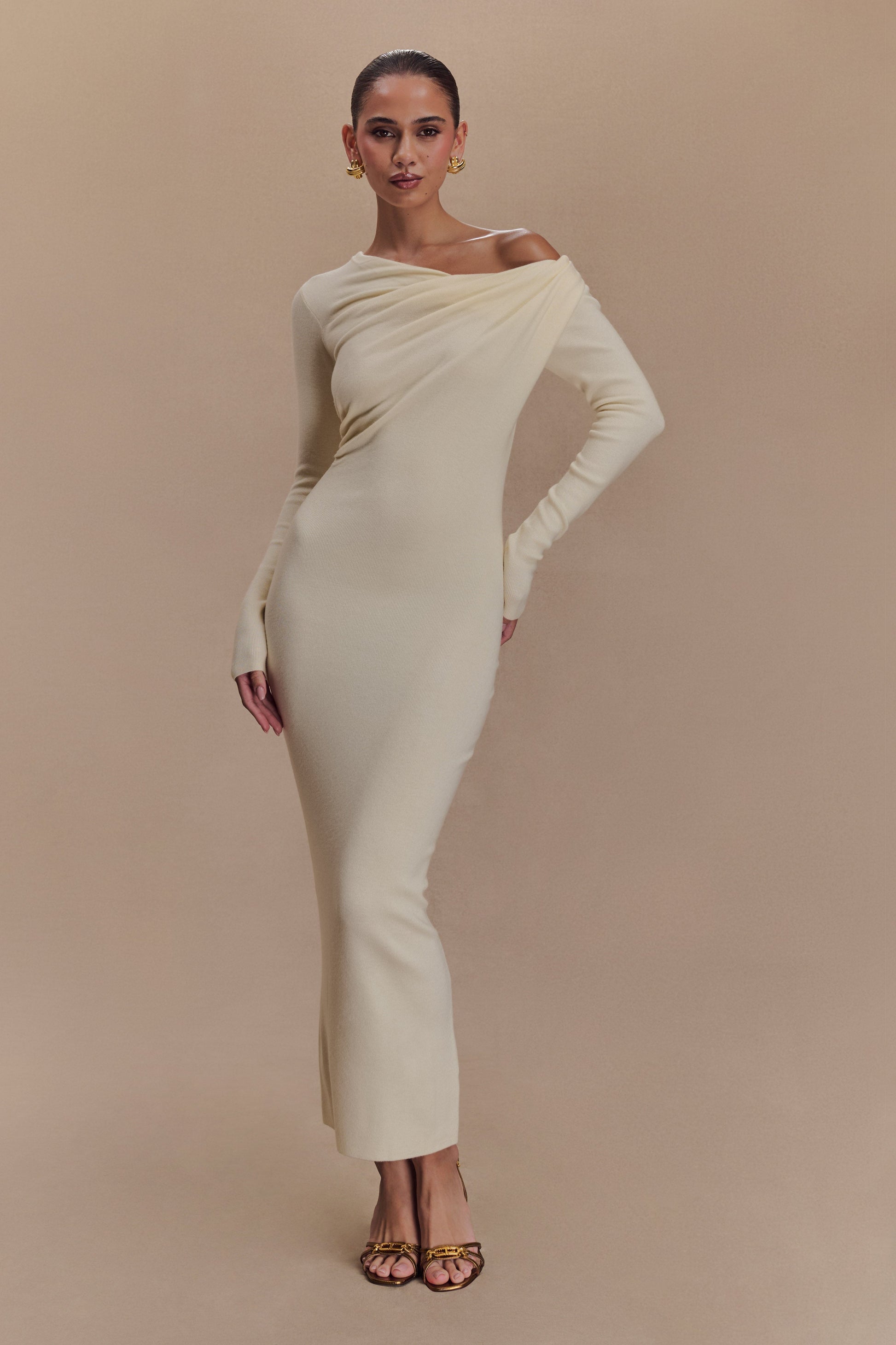 Culver Draped Twist Knit Midi Dress - Cream | MESHKI UK Culver Draped Twist Knit Midi Dress - Cream | MESHKI UK