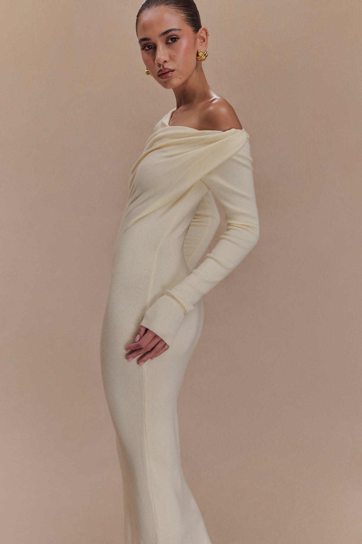 Culver Draped Twist Knit Midi Dress - Cream