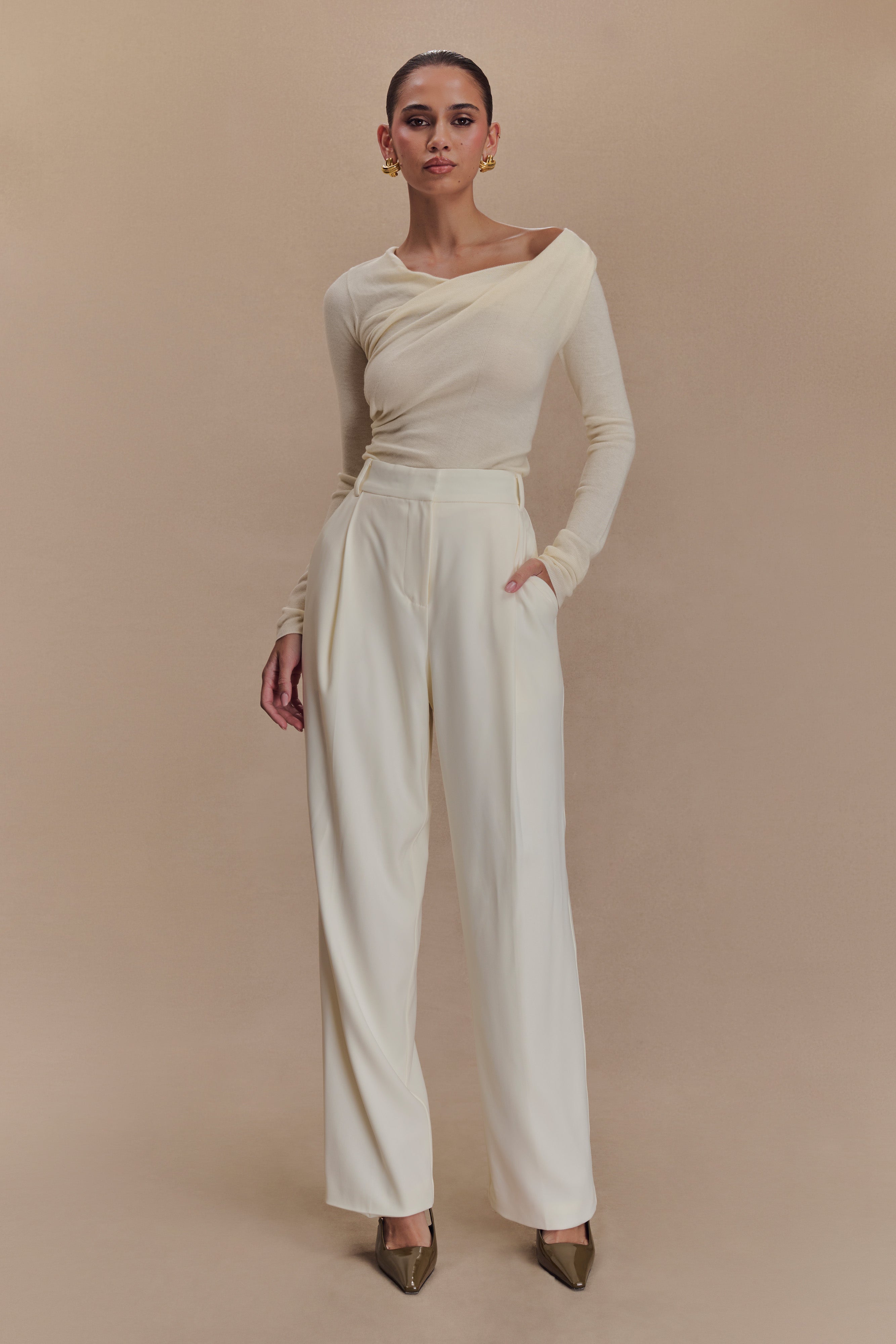Culver Draped Twist Knit Top - Cream | MESHKI UK