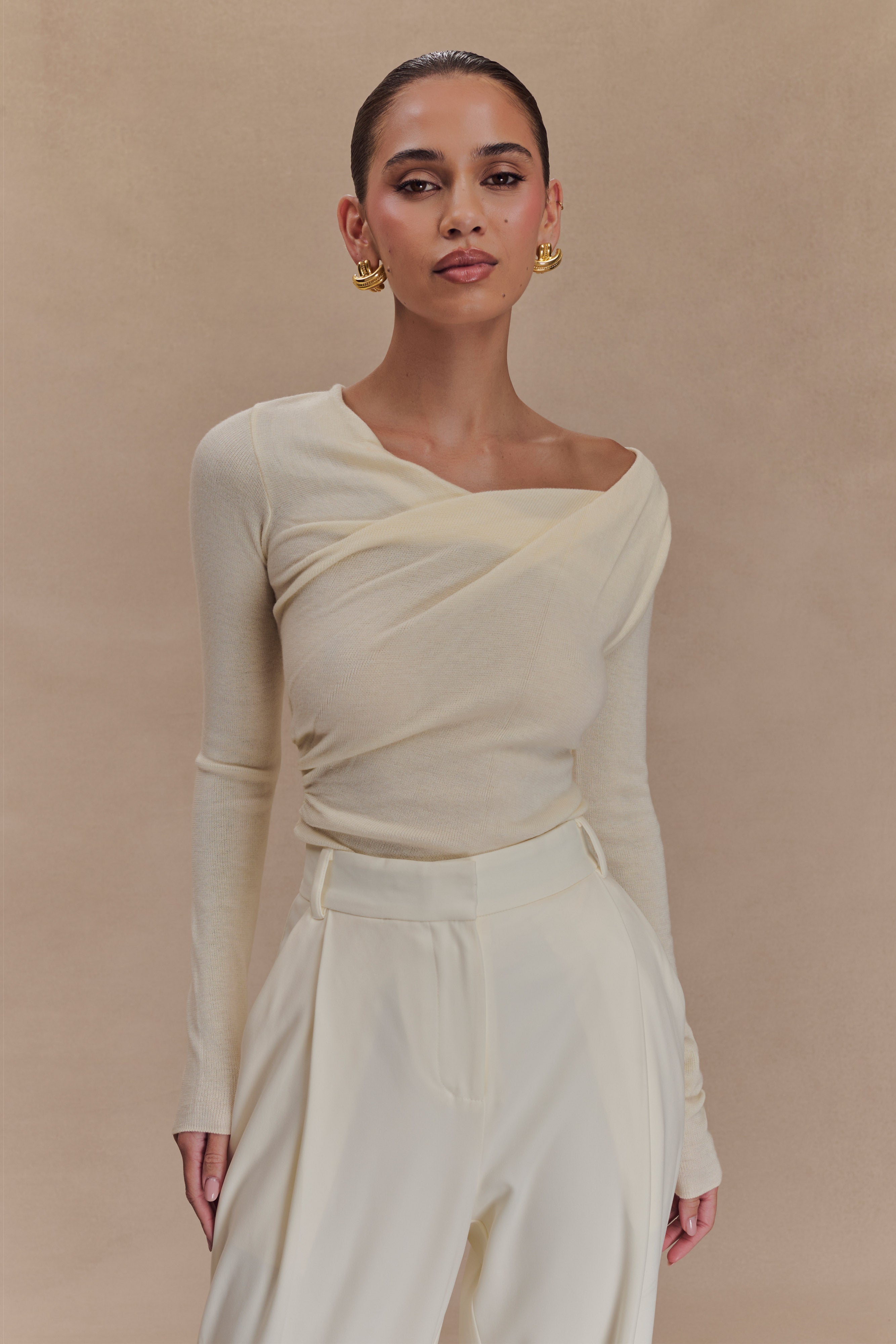 Culver Draped Twist Knit Top - Cream | MESHKI UK