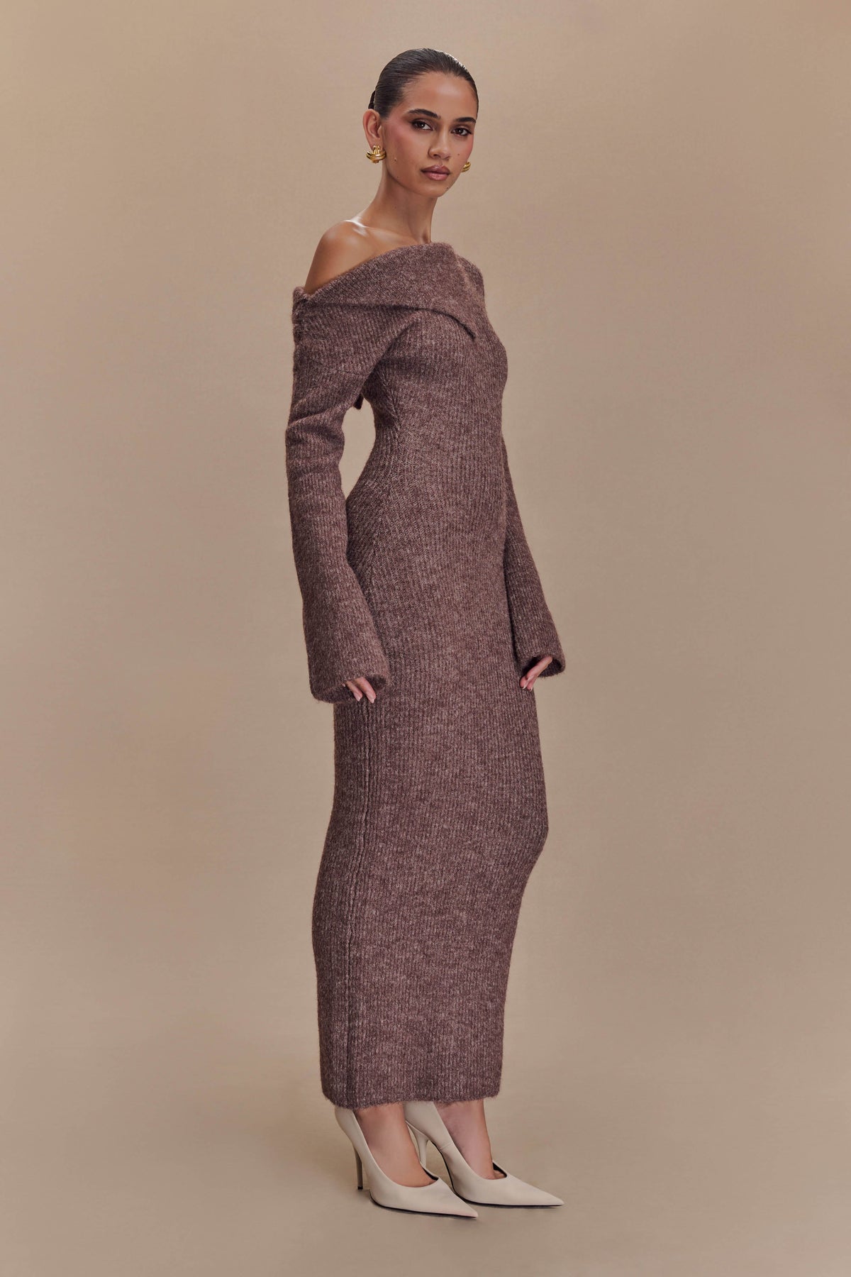 Magenta One Shoulder Fluffy Knit Midi Dress - Pecan