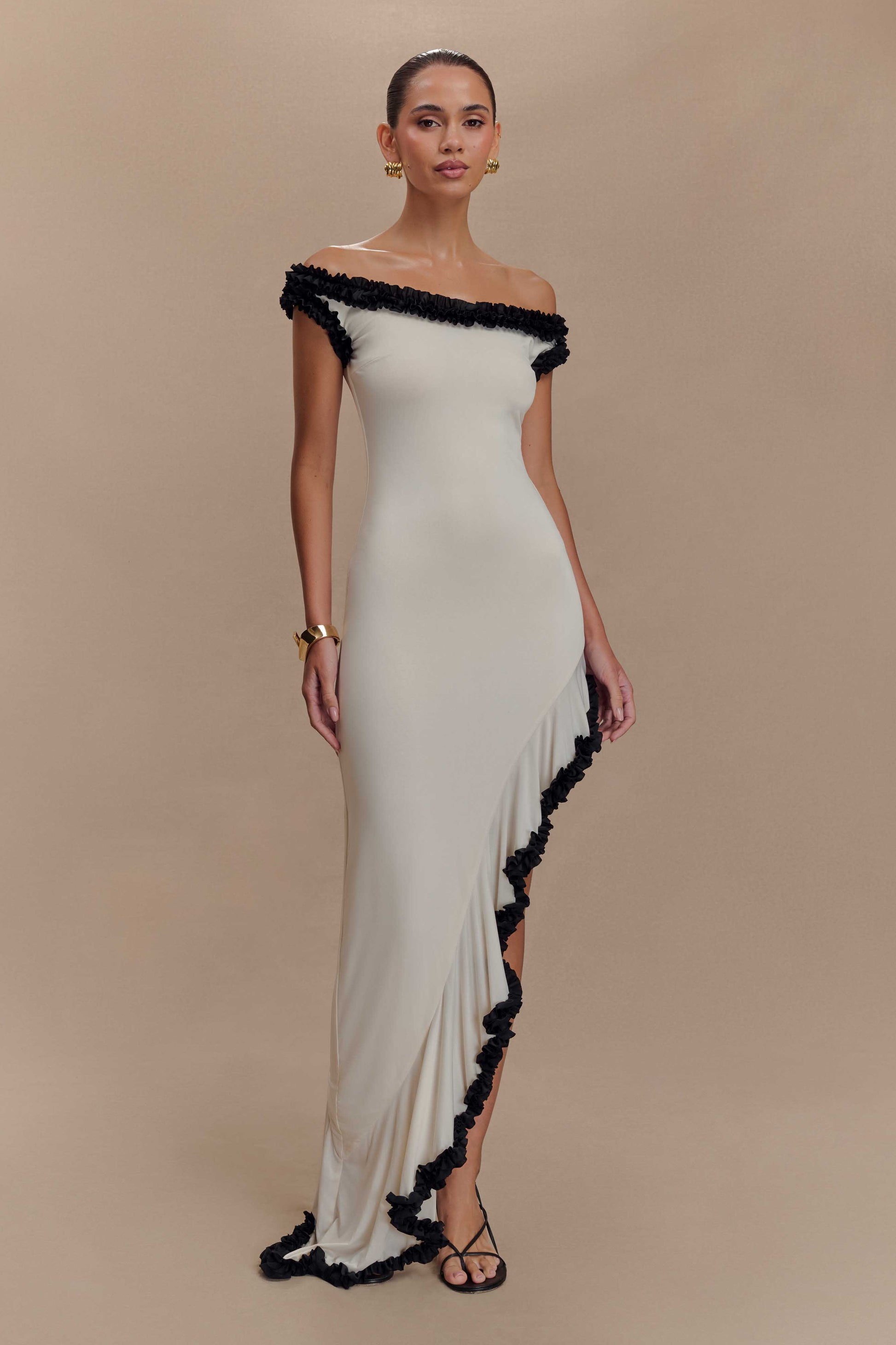 Arielle Off Shoulder Ruffle Midi Dress - Ivory/Black #5