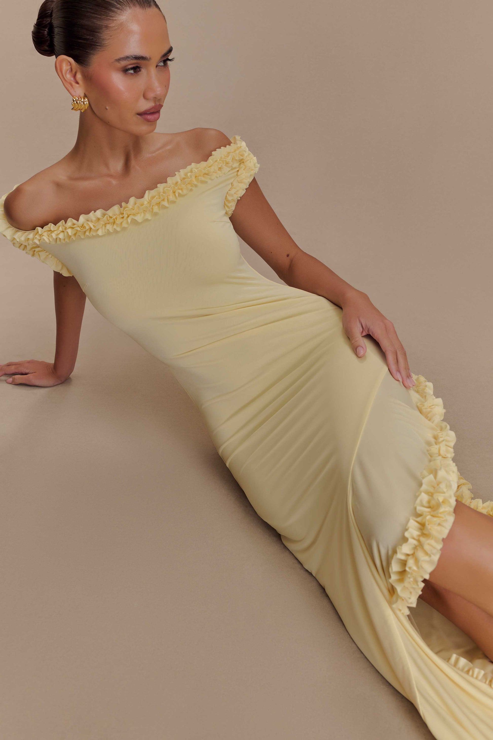 Arielle Off Shoulder Ruffle Midi Dress - Pastel Lemon #4