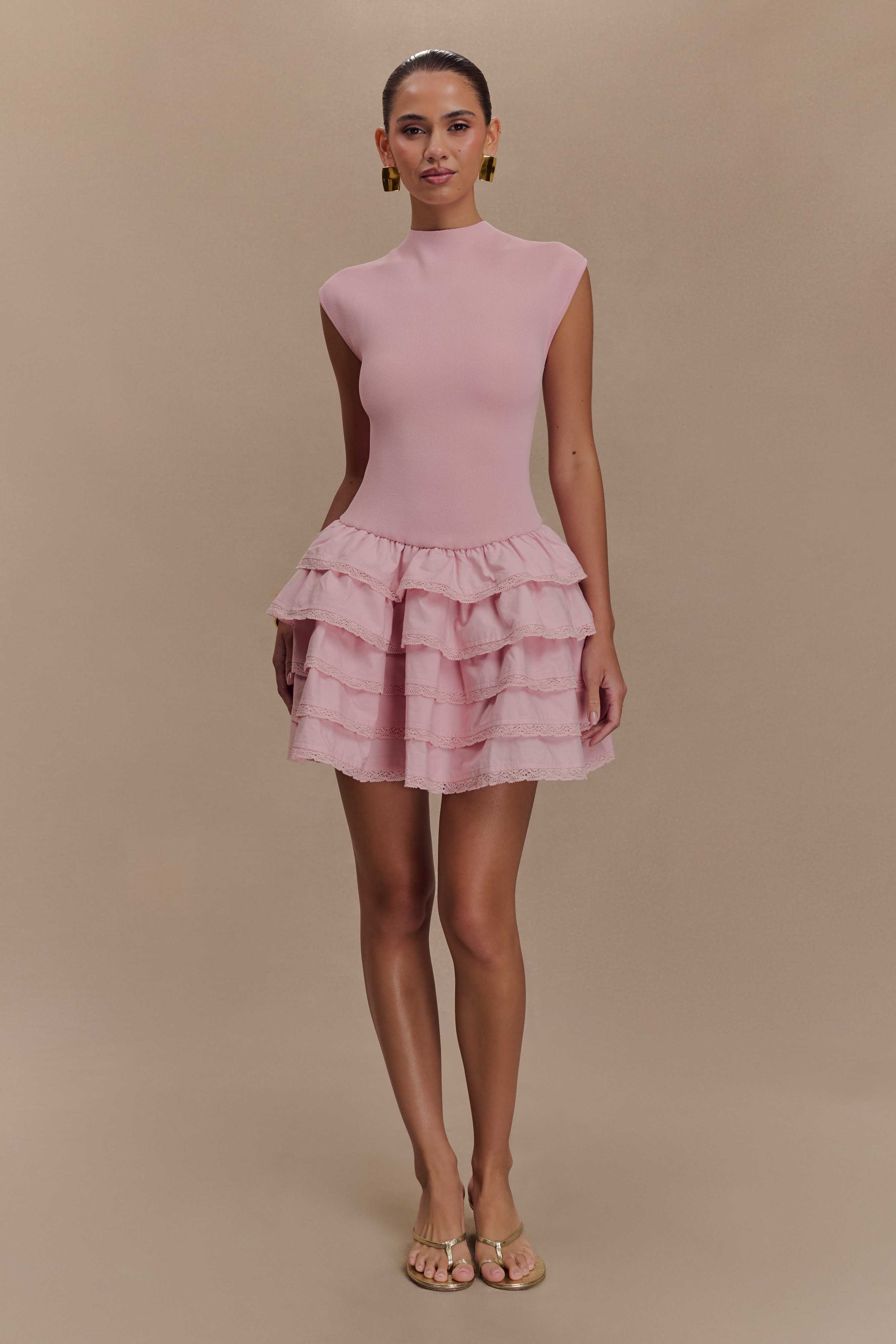 Maeve Ruffle Knit Mini Dress - Dusty Pink | MESHKI UK