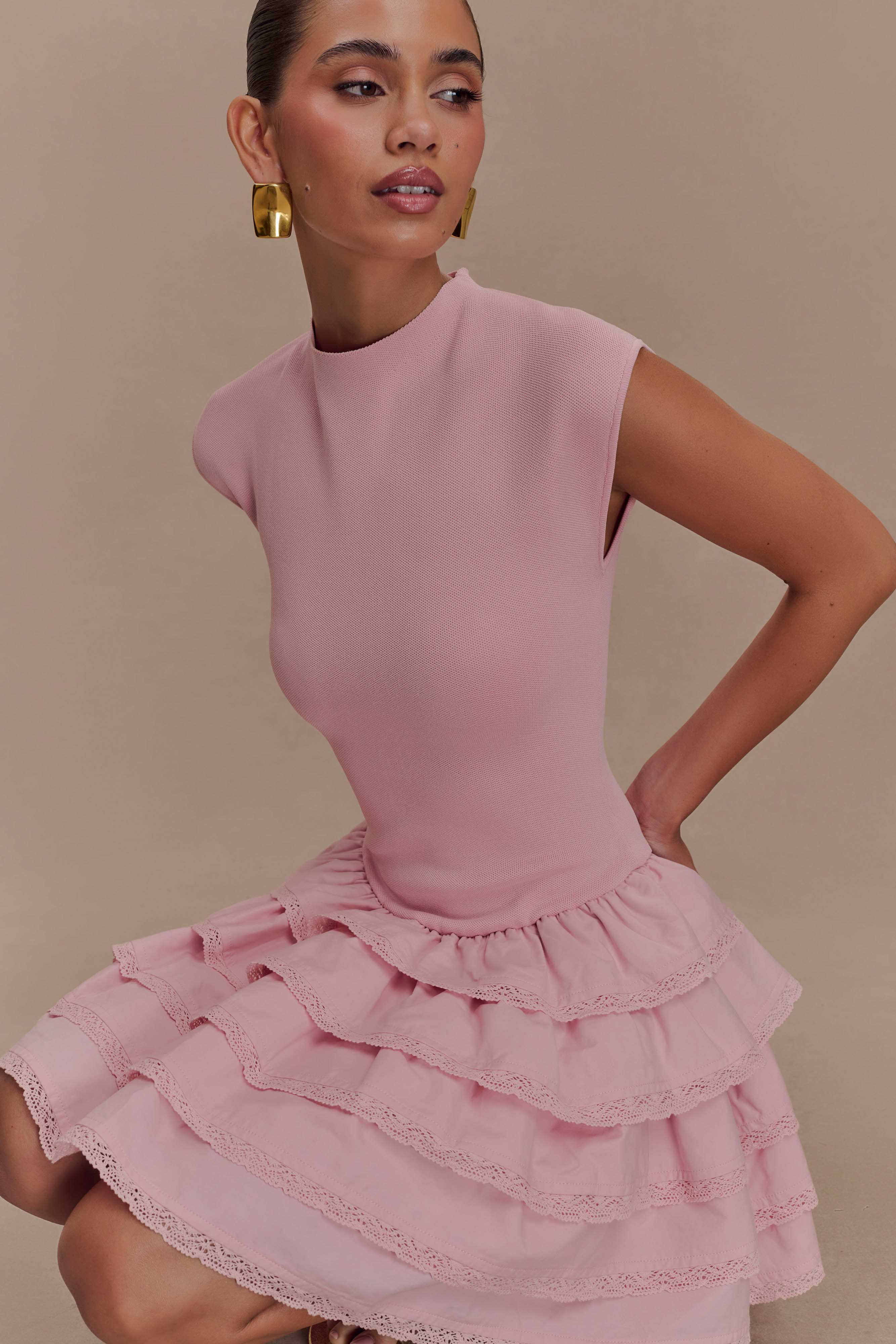 Maeve Ruffle Knit Mini Dress - Dusty Pink | MESHKI UK