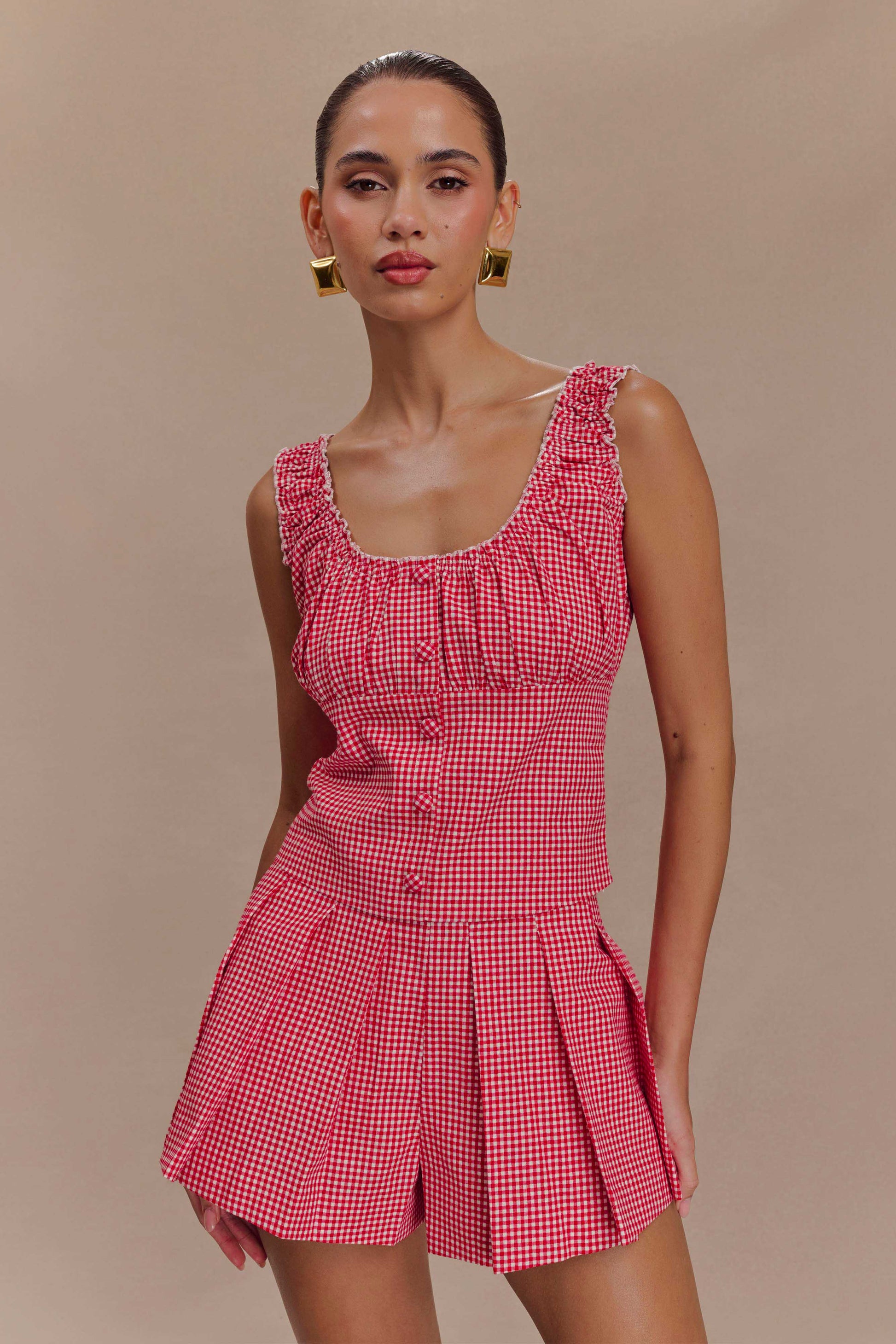 Ines Sleeveless Ruched Top - Red Gingham #2